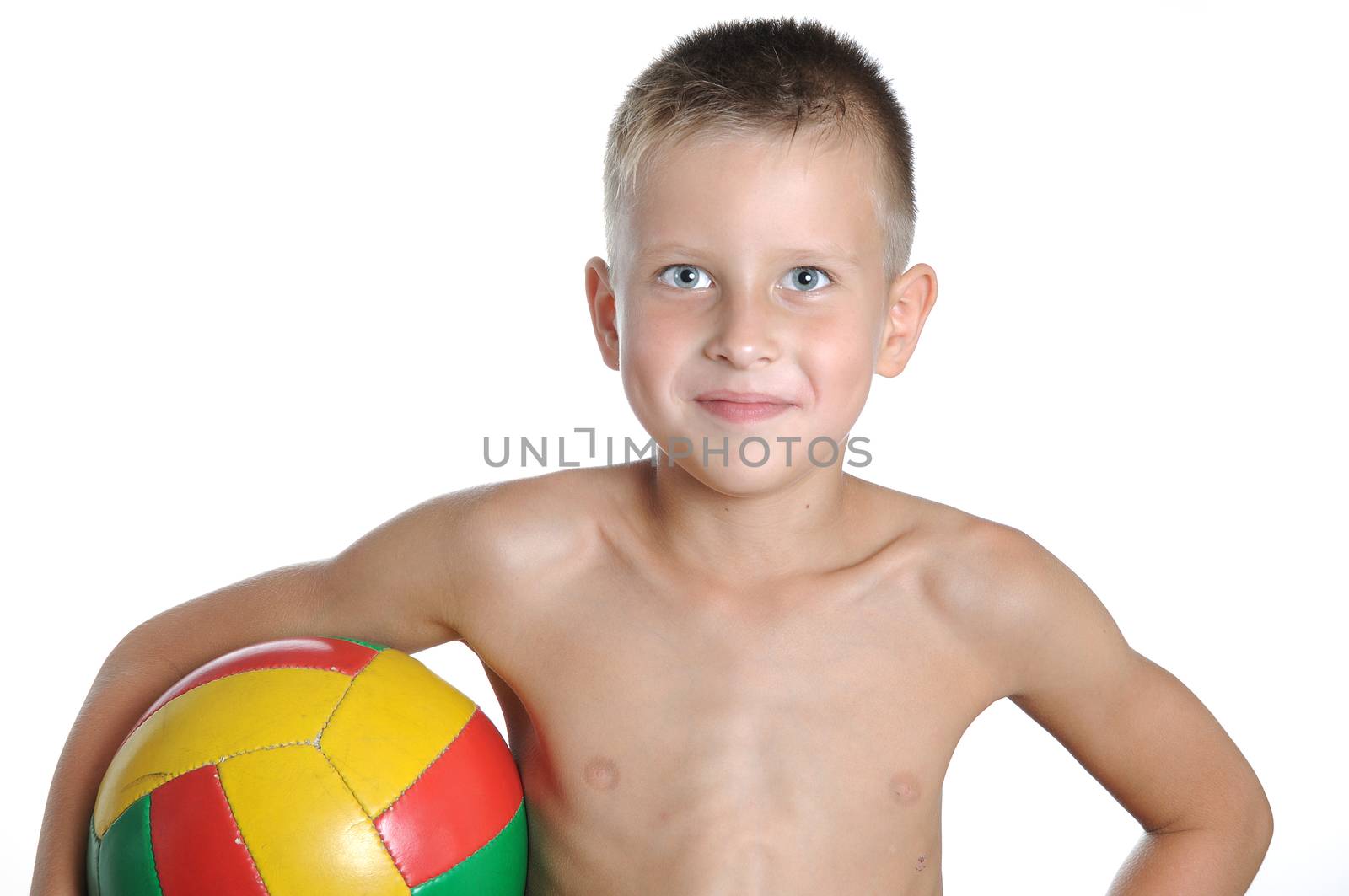 little cute boy playing football ball isolated on white background