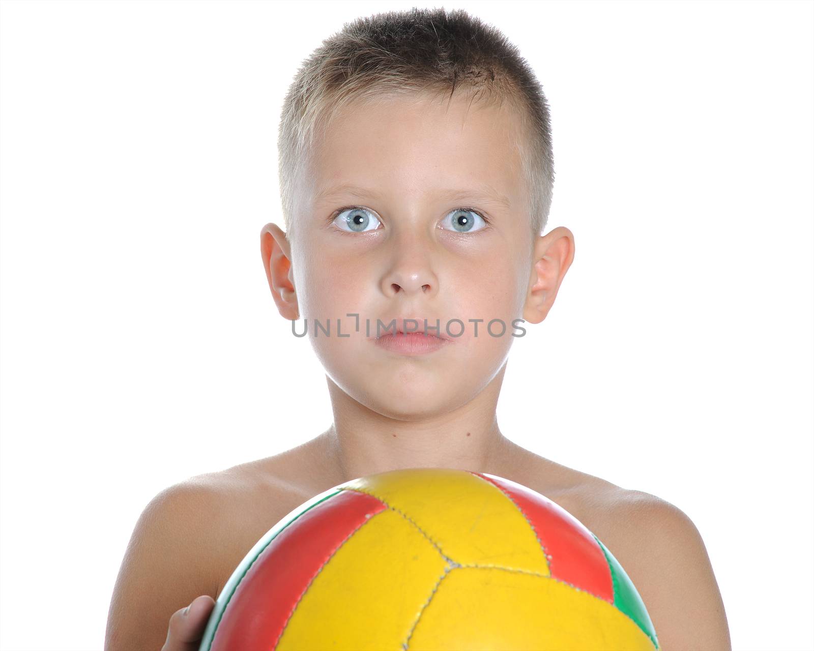 little cute boy playing football ball isolated on white close up on white catching