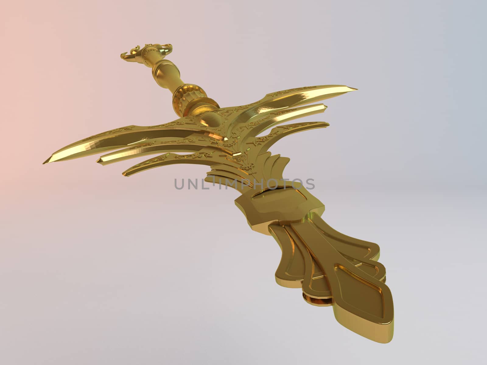 Fantasy detailed 3d Golden sword in a white stage.