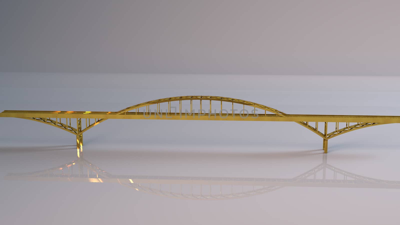 Golden 3D object (golden bridge) inside a white reflected stage with high render quality to be used as a logo, medal, symbol, shape, emblem, icon, business, geometric, label or any other use