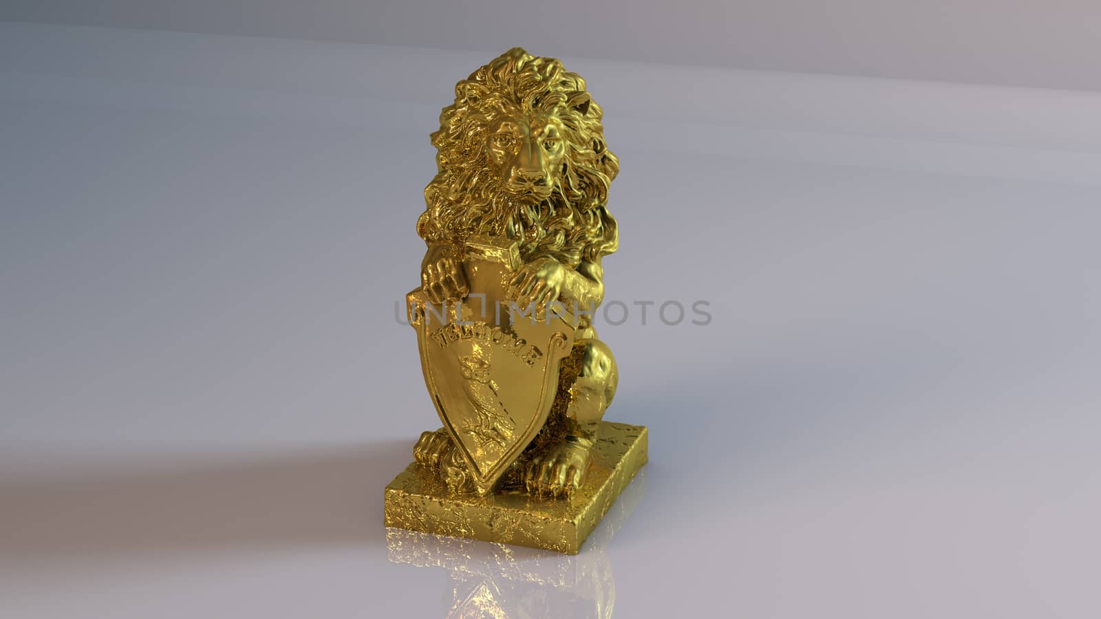 Golden 3D object (lion) inside a white reflected stage with high render quality to be used as a logo, medal, symbol, shape, emblem, icon, business, geometric, label or any other use