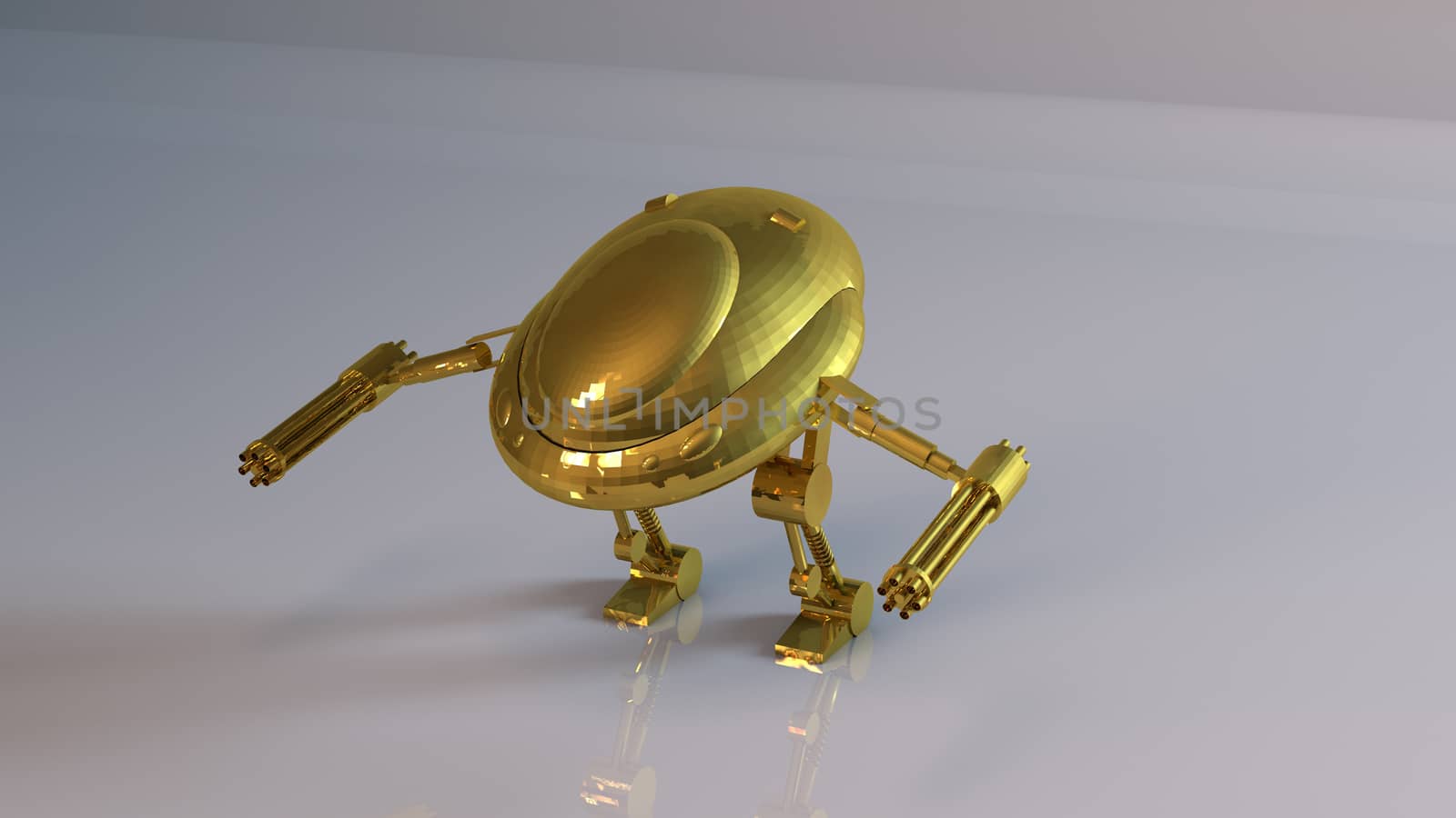 Golden 3D object (Robot) inside a white reflected stage with high render quality to be used as a logo, medal, symbol, shape, emblem, icon, business, geometric, label or any other use