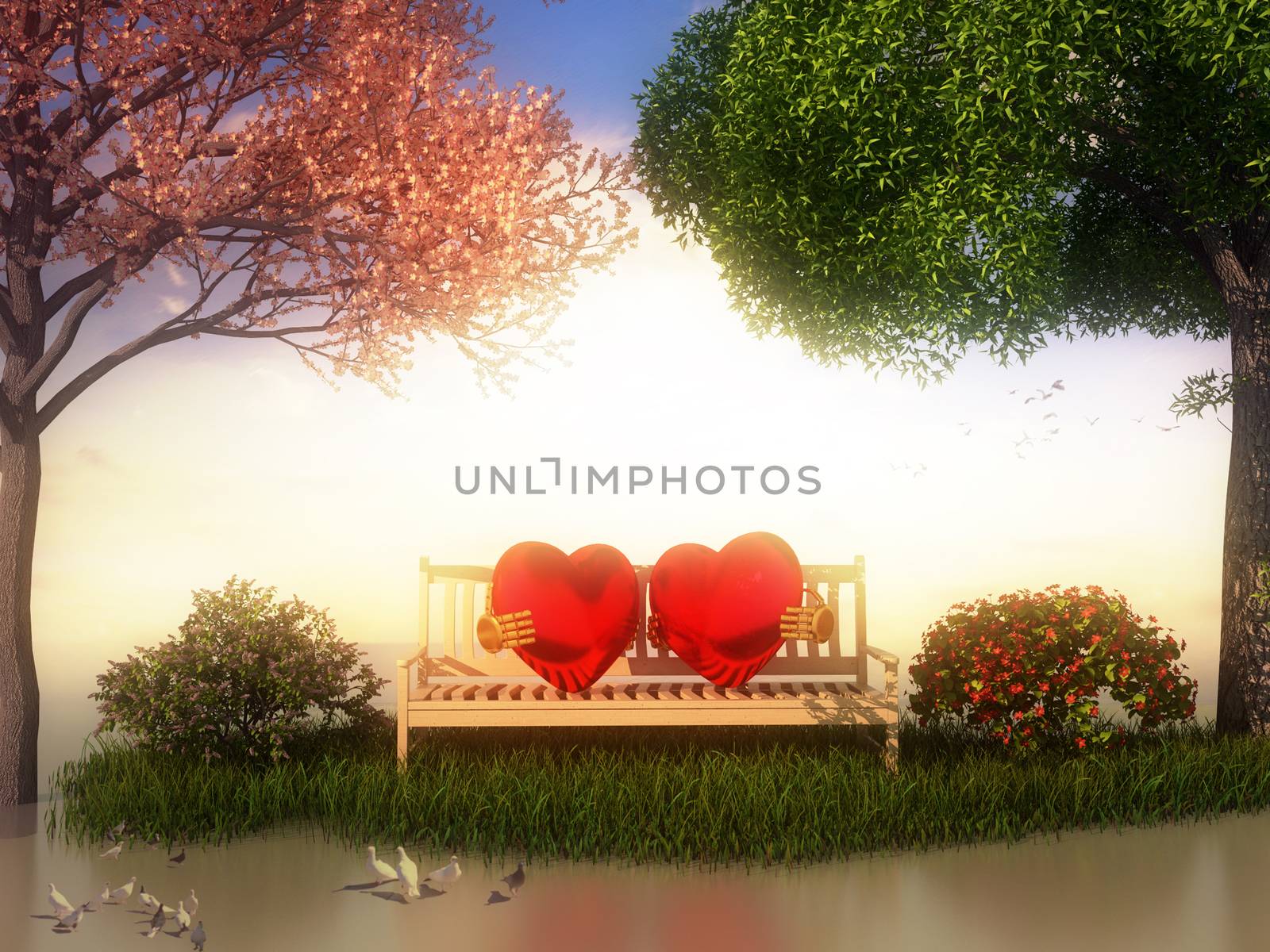 3D Valentin  view for love and romance with heart shape, beautiful summer and spring trees and some birds.