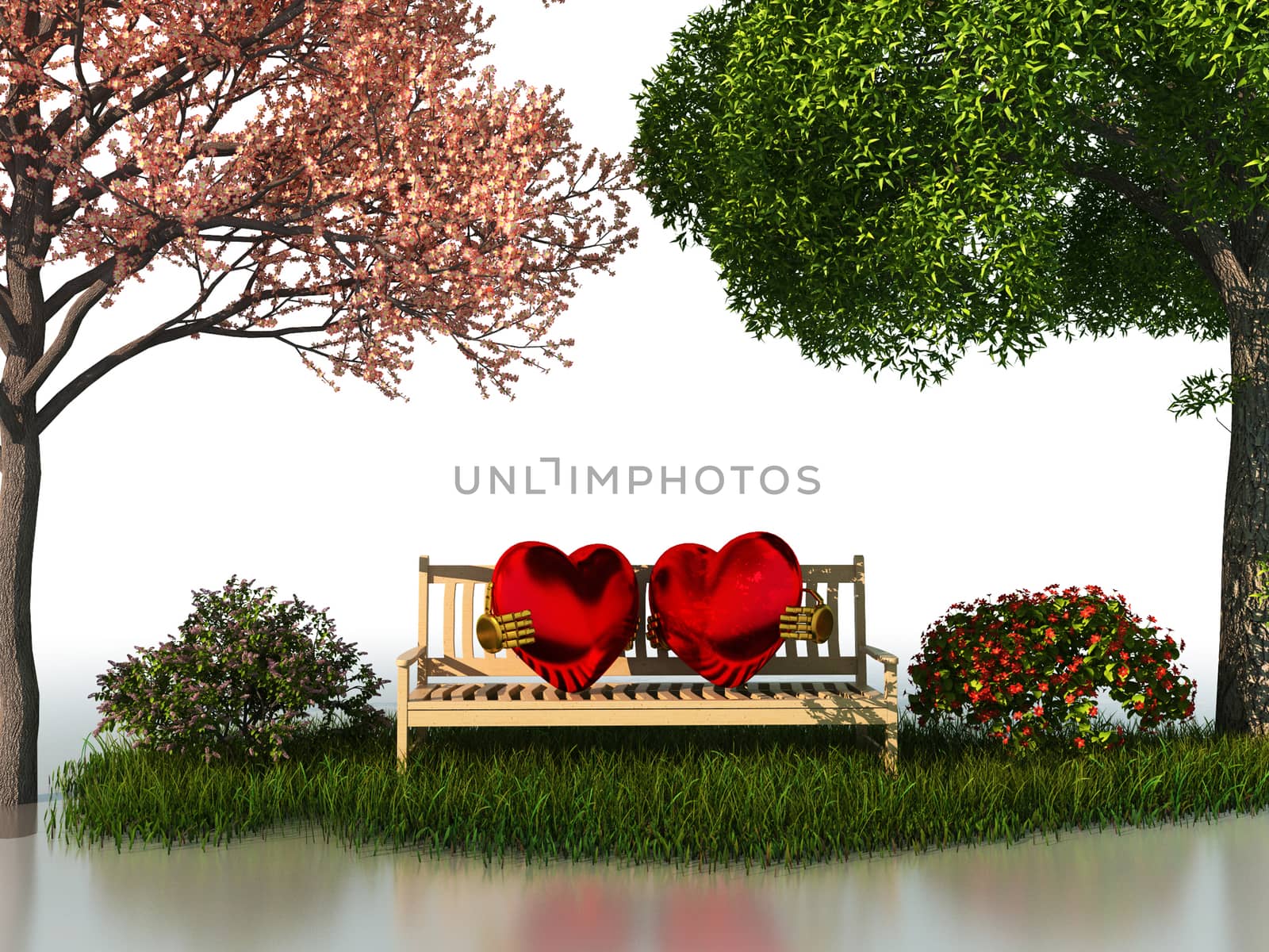 3D valentine view for love and romance isolated on a white background with beautiful summer and spring trees.