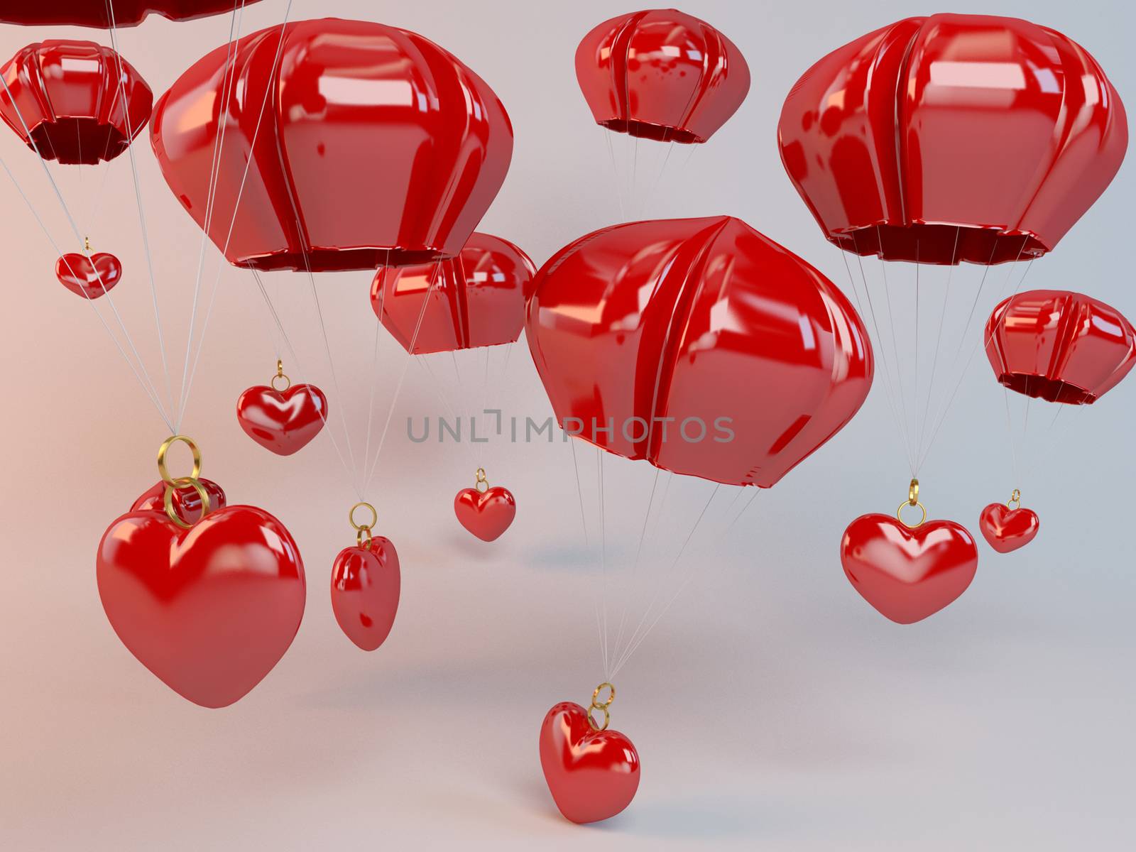 3d hearts and parachute falling from the sky for valentine day lovers