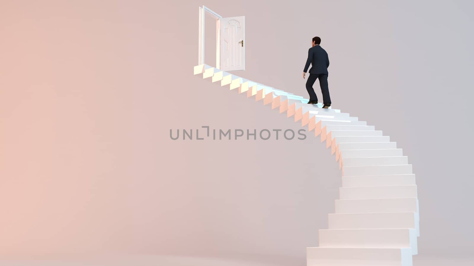 3D character goes on the stairs to reach the goal or arrive to his destination