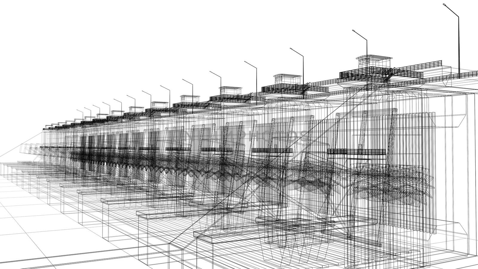 Perspective 3D render of building wireframe. blueprint background.