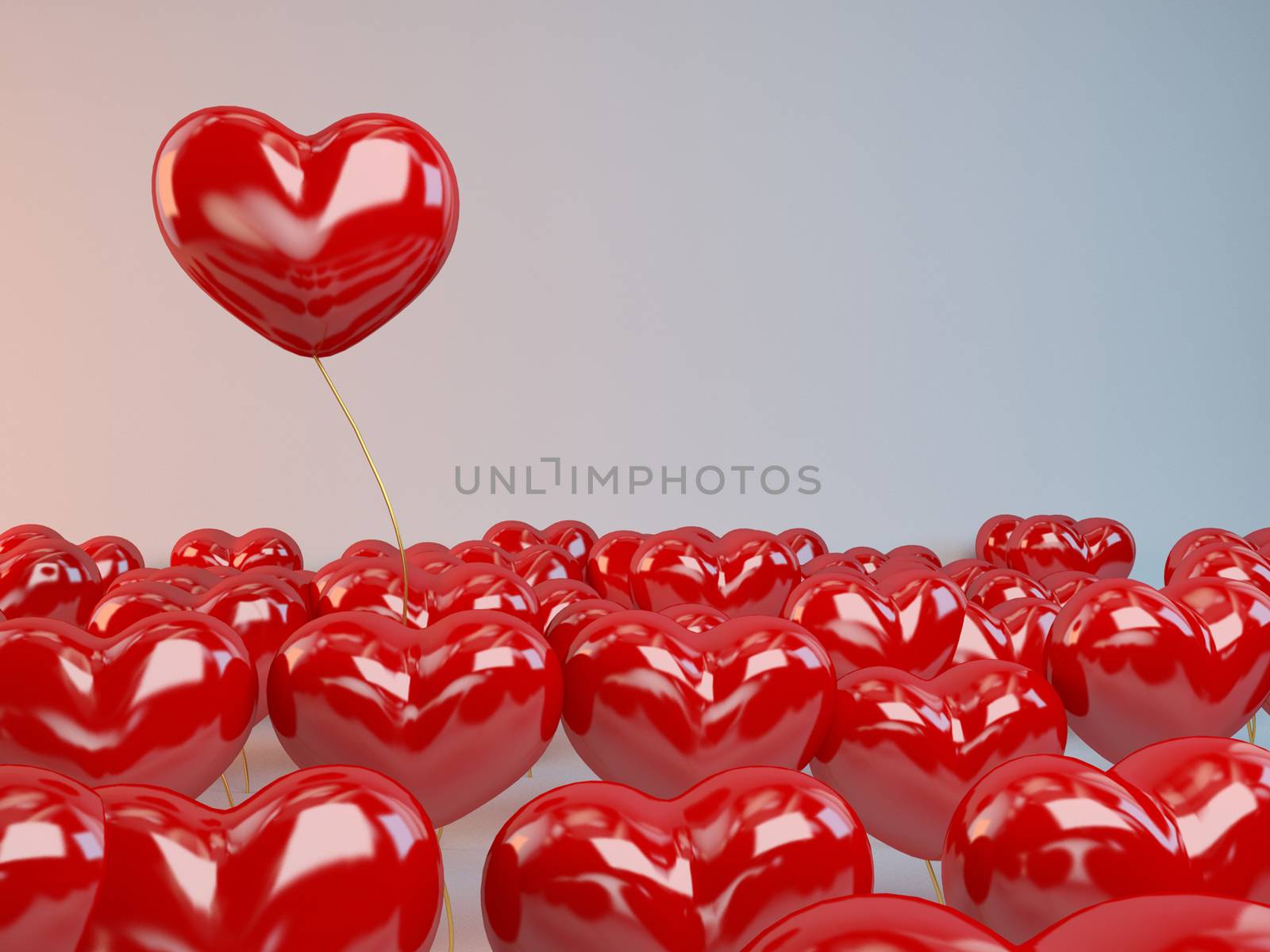 Group of red hearts balloons inside a 3d white stage