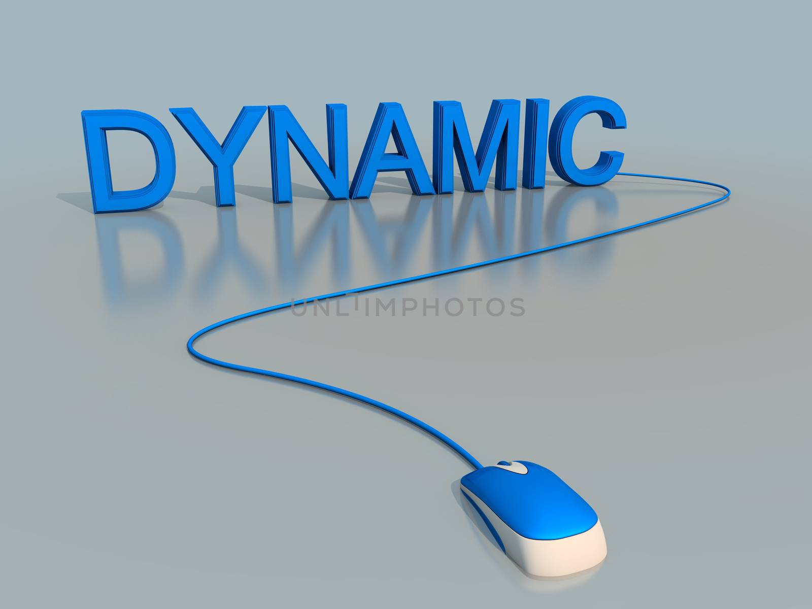 3D render of a mouse connected to a word inside a white stage scene