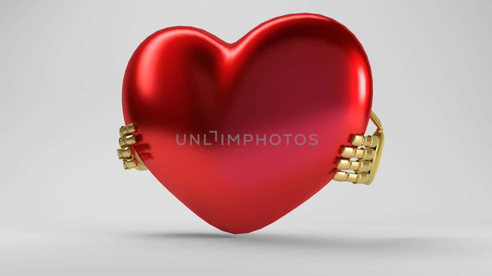 two hands holding red 3d reflected heart, on white background