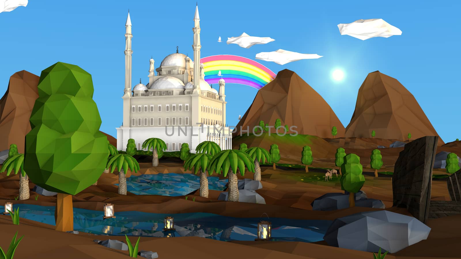 Low poly scene with mountains, trees, lanterns and a mosque 