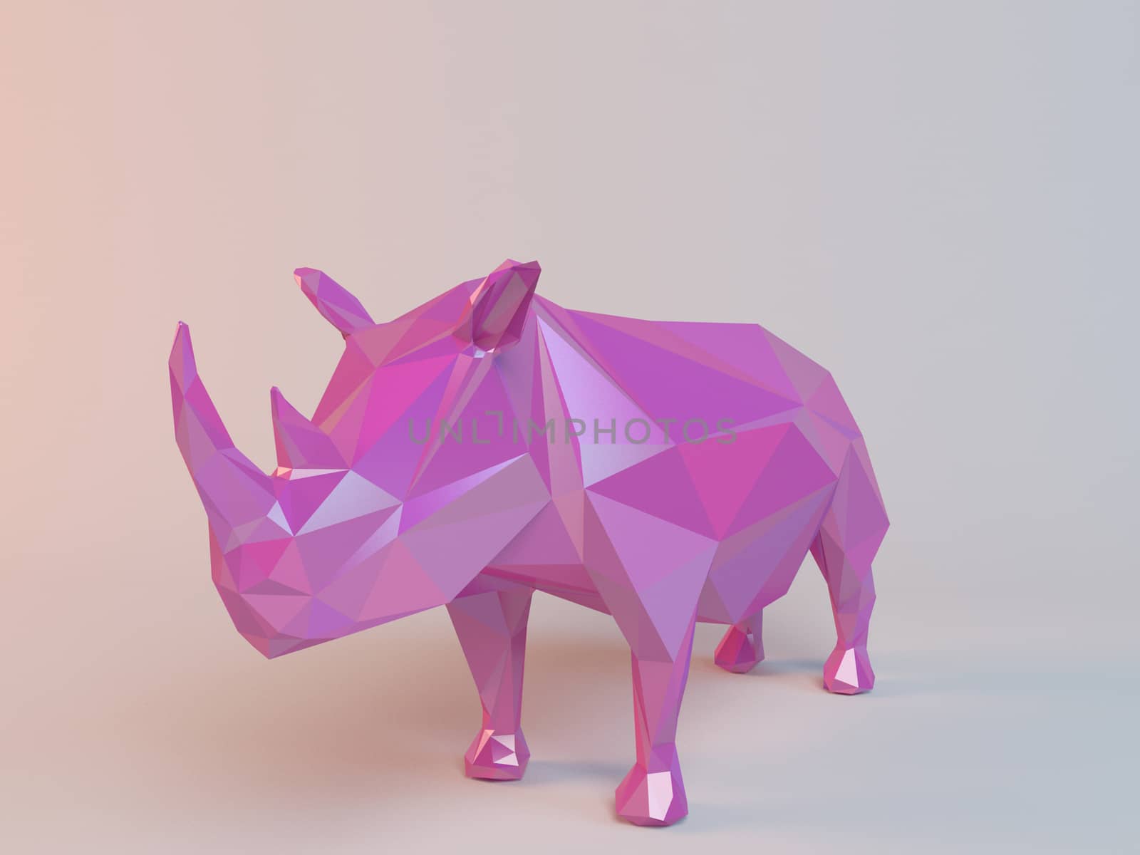 3D pink low poly (rhinoceros) inside a white stage with high render quality to be used as a logo, medal, symbol, shape, emblem, icon, children story, or any other use.