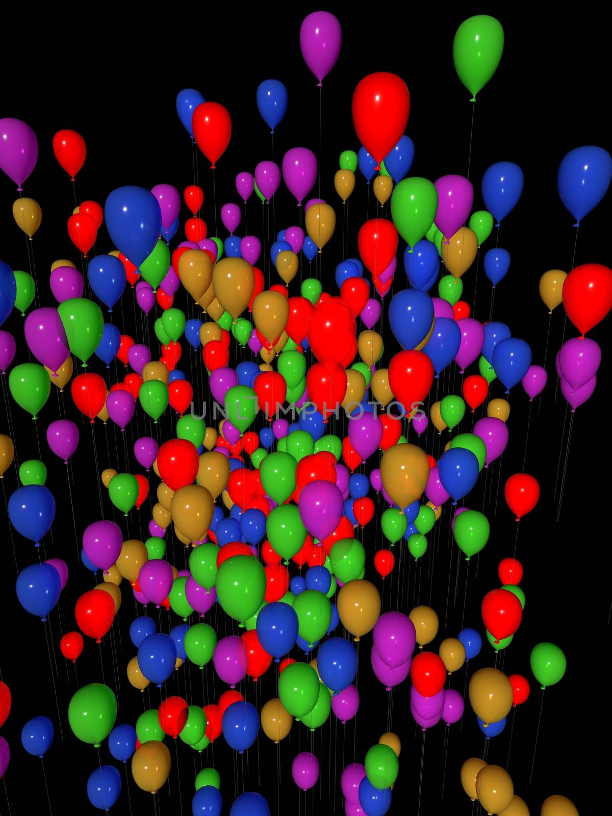 Several flying colored balloons rendered with different speed.