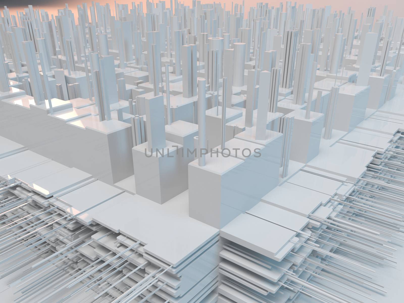 White complex city with reflection and many details. 3d futurist city with buildings on gray background