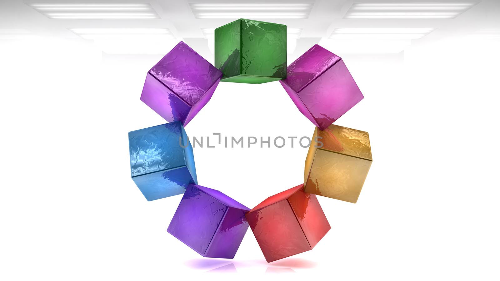 Set of colorful cubes 3D inside a white stage