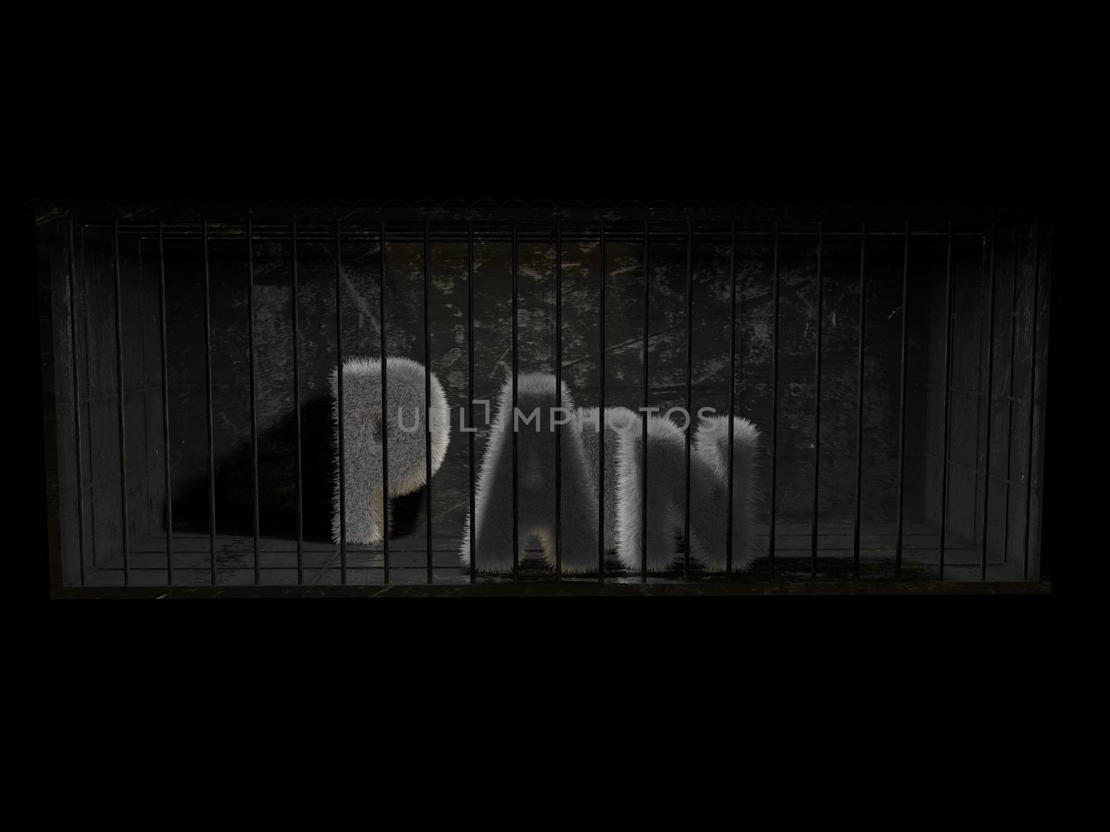 A fluffy word (pain) with white hair behind bars with black background.