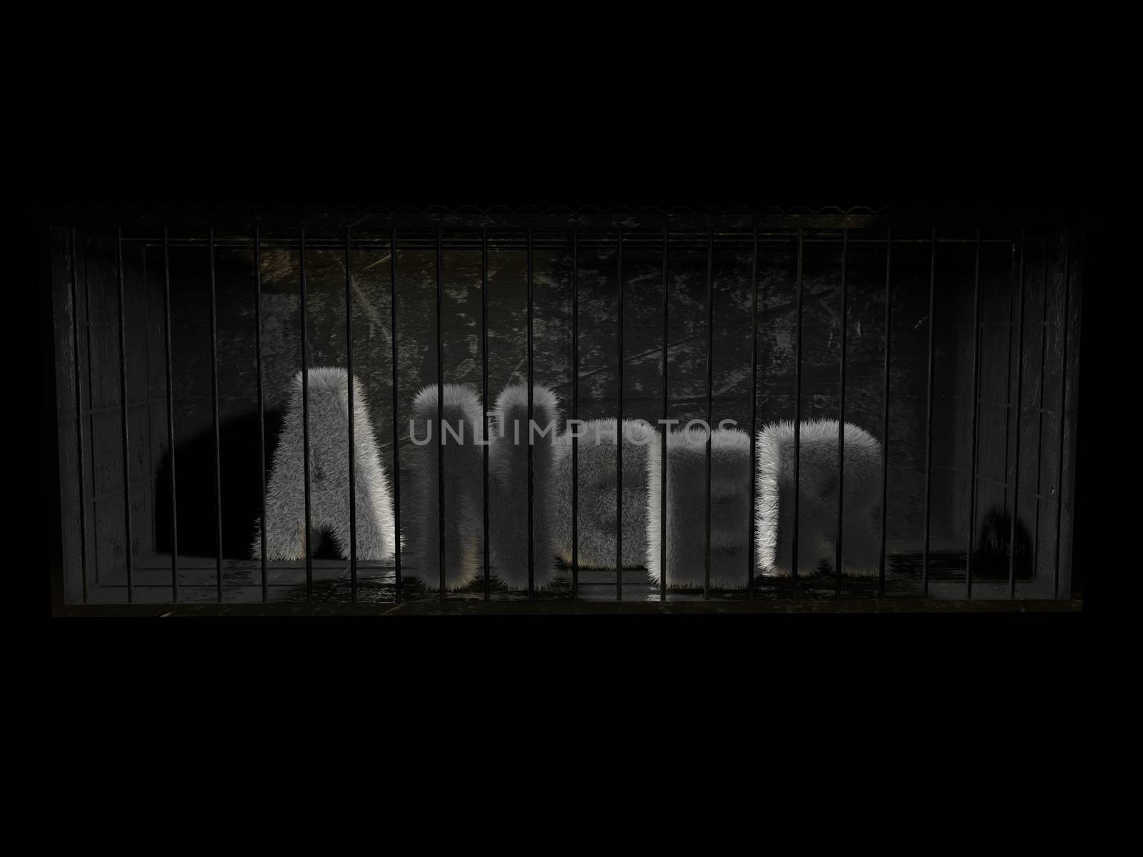 A fluffy word (anger) with white hair behind bars with black background.
