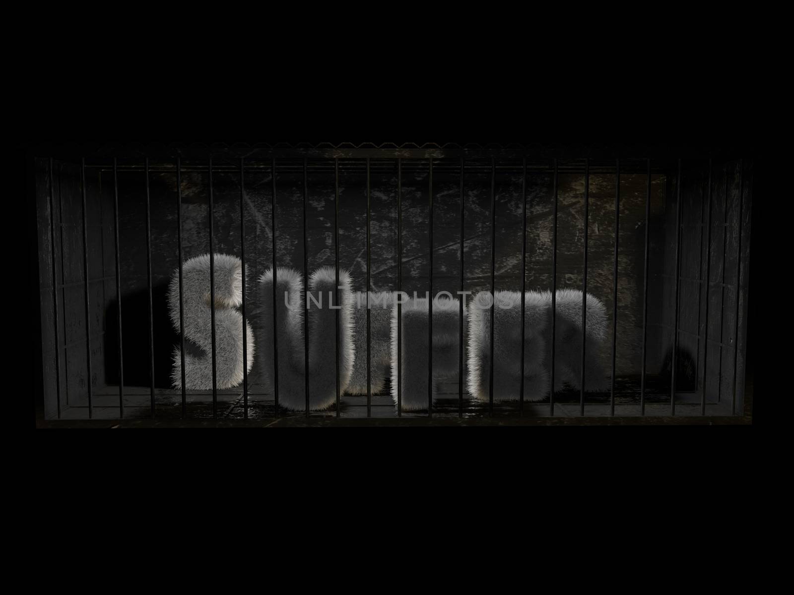 A fluffy word (suffer) with white hair behind bars with black background.