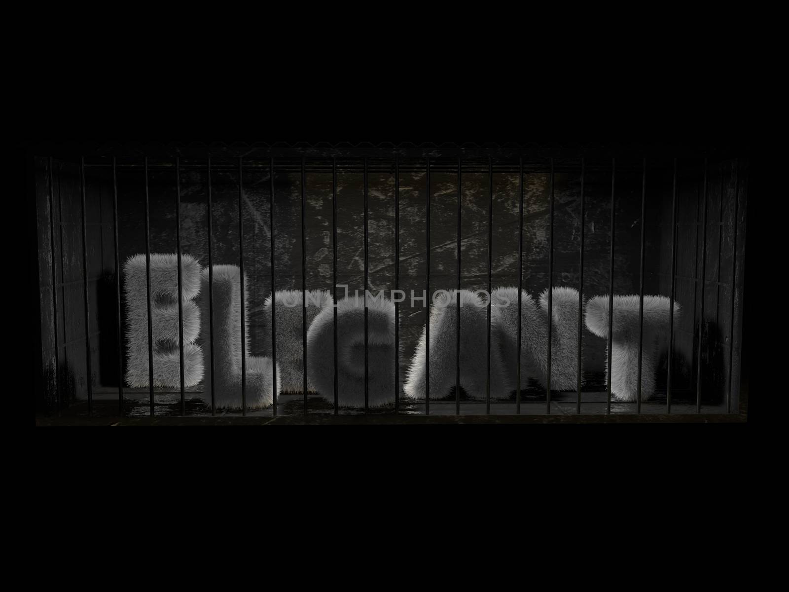 A fluffy word (elegant) with white hair behind bars with black background.