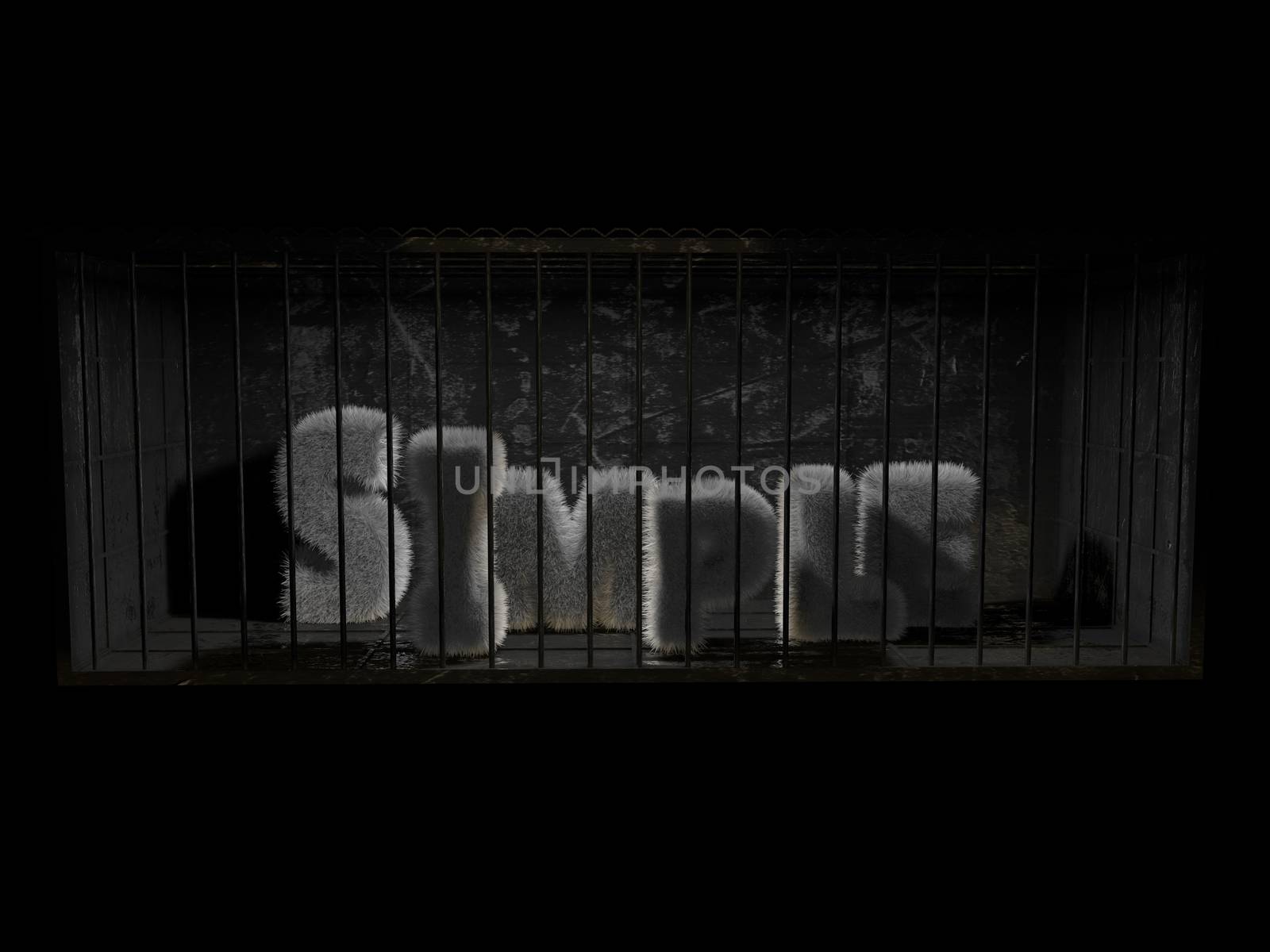 A fluffy word (simple) with white hair behind bars with black background.