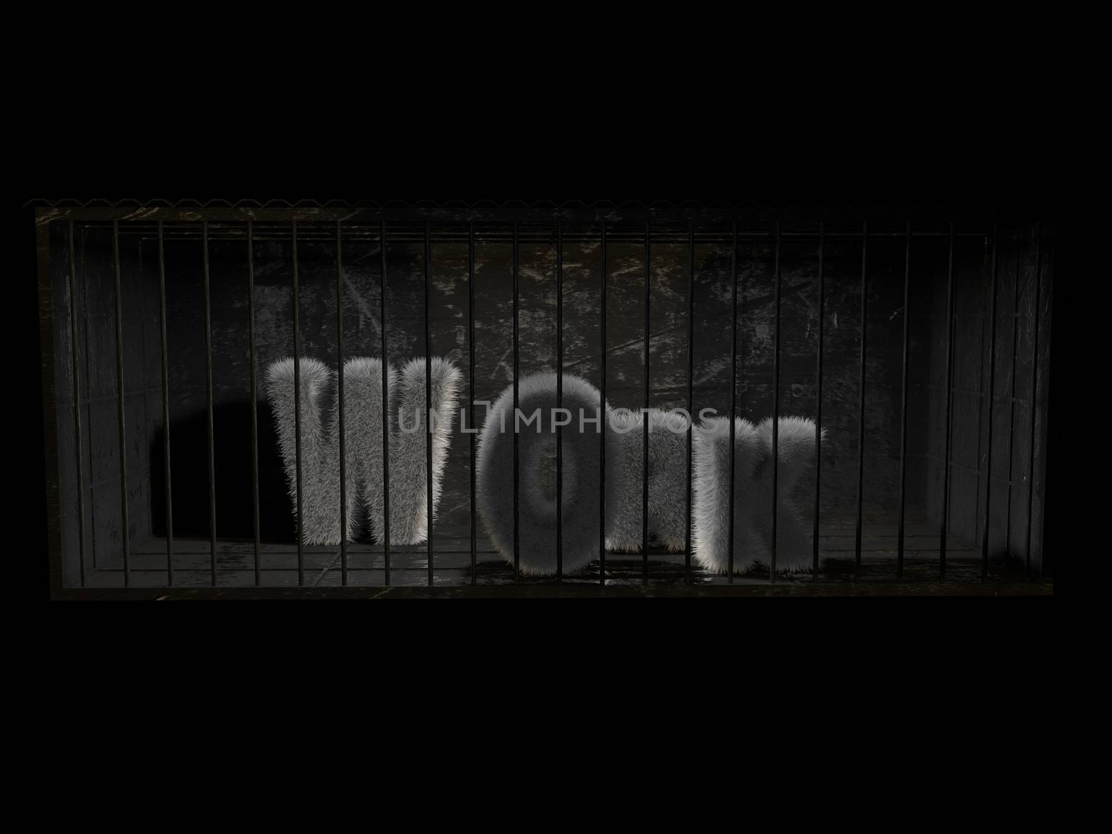 A fluffy word (work) with white hair behind bars with black background.