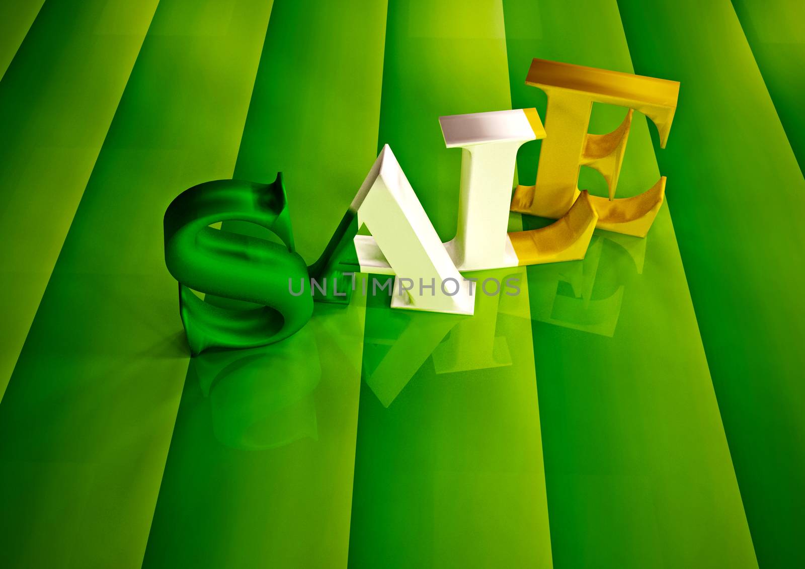 The dimensional word sale on a green background