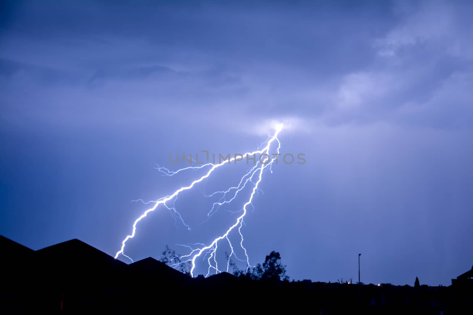 Cloud to Ground forked Lightning Strike by marcrossmann