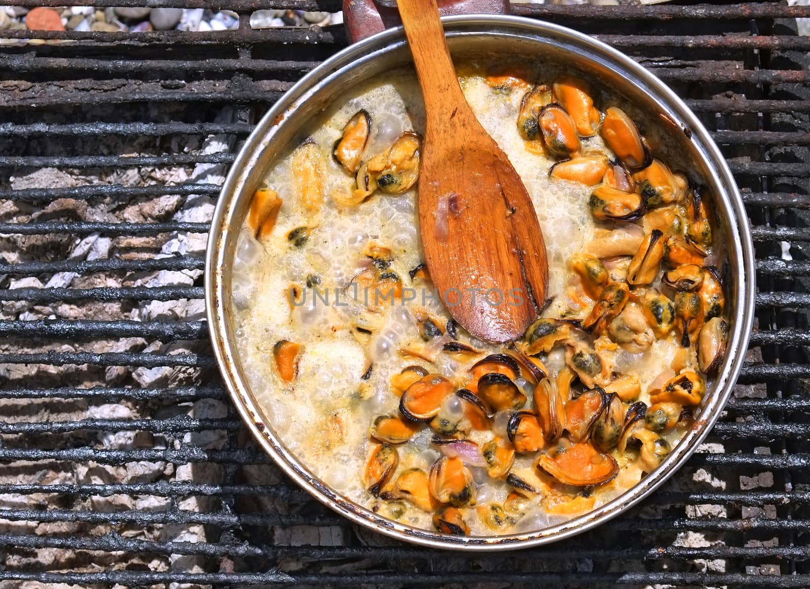 Purified from the shells of sea mussels simmer in a creamy sauce over an open fire outdoors.