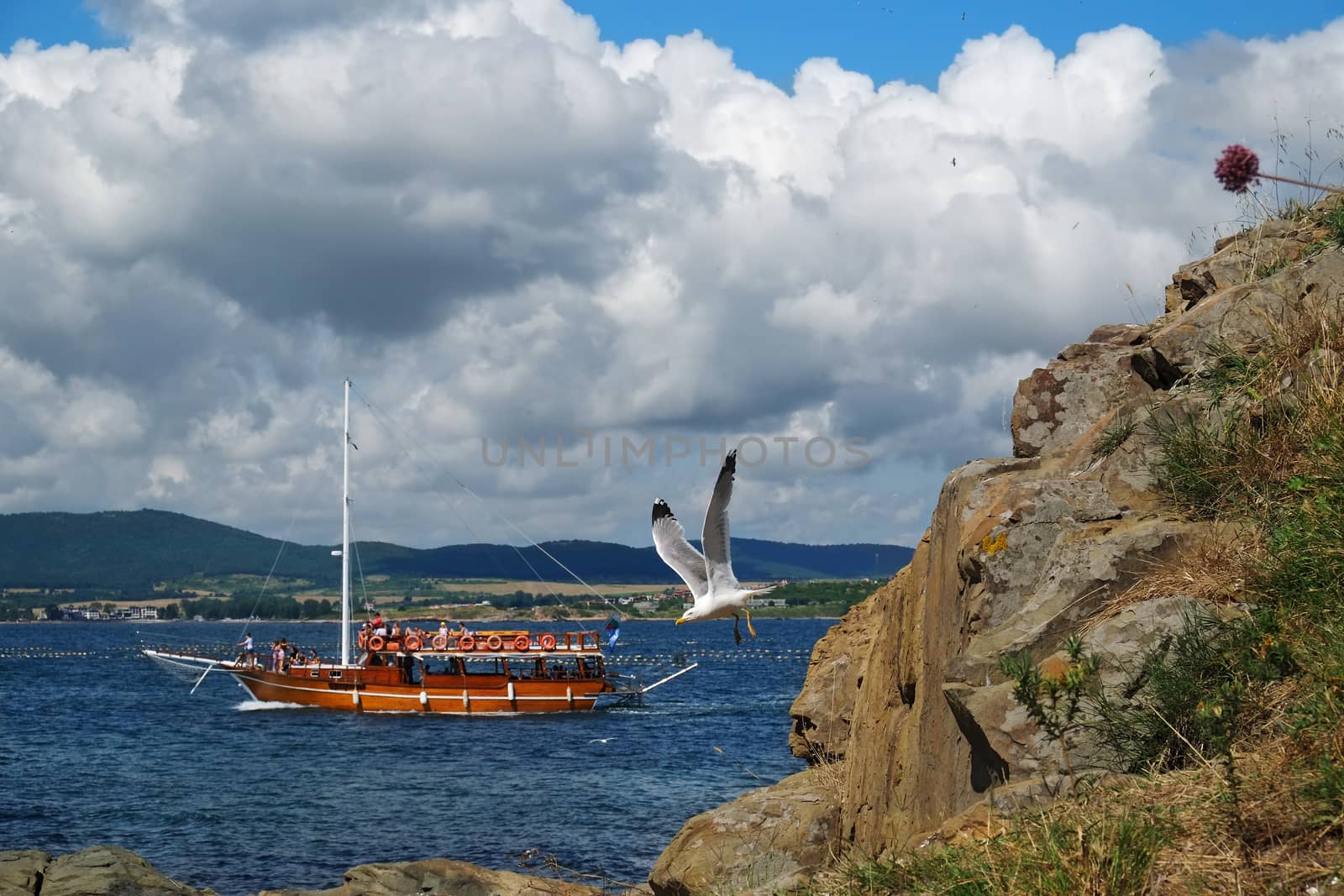 Maritime day landscape with rock, seagull, pleasure boats, sky with clouds and a distant shore. Sozopol, Bulgaria.