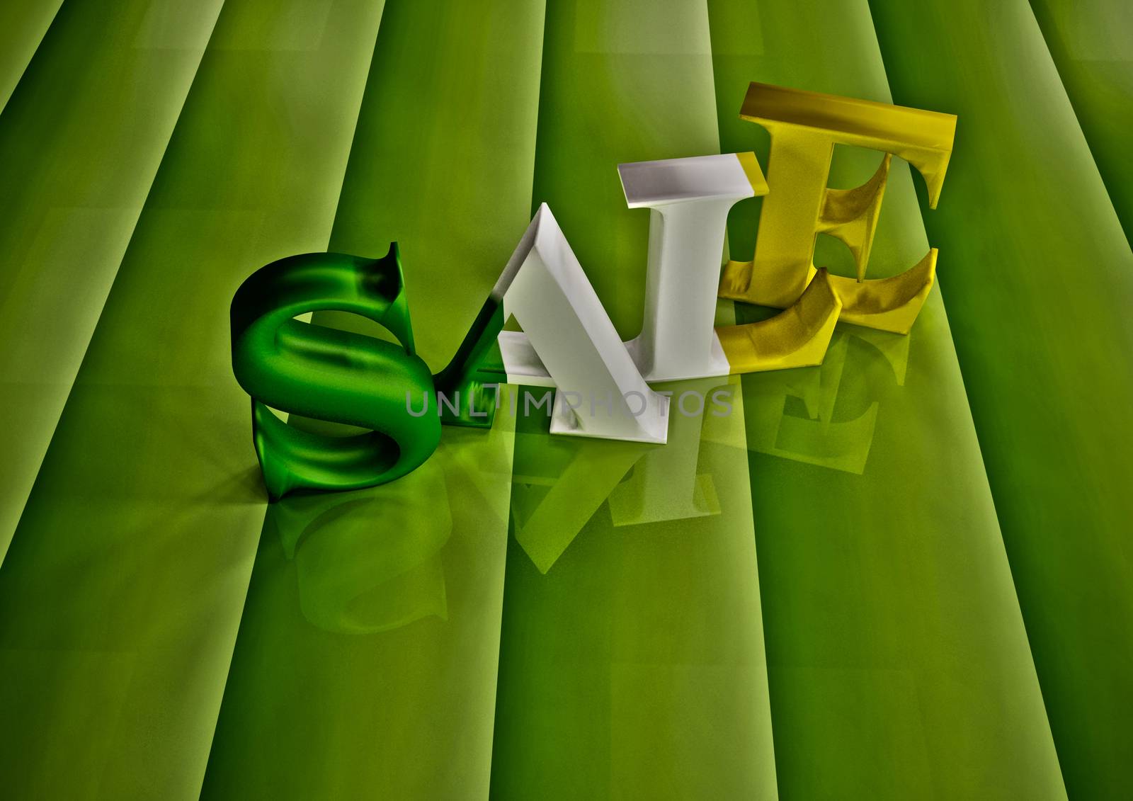 The dimensional word sale on a green background