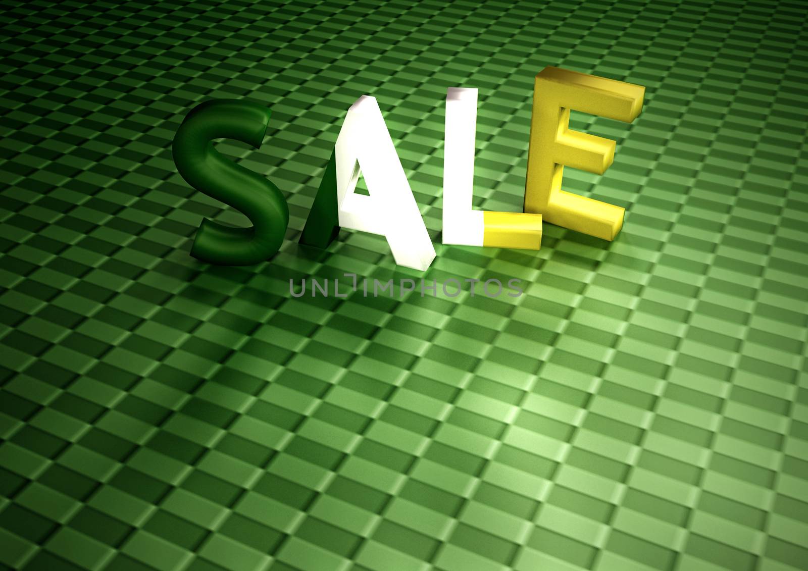 The dimensional word sale on a green background