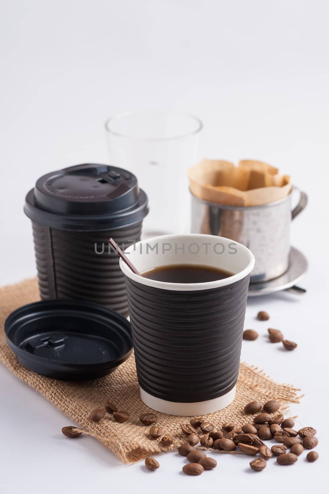 Take away paper coffee cup with metal coffee filter