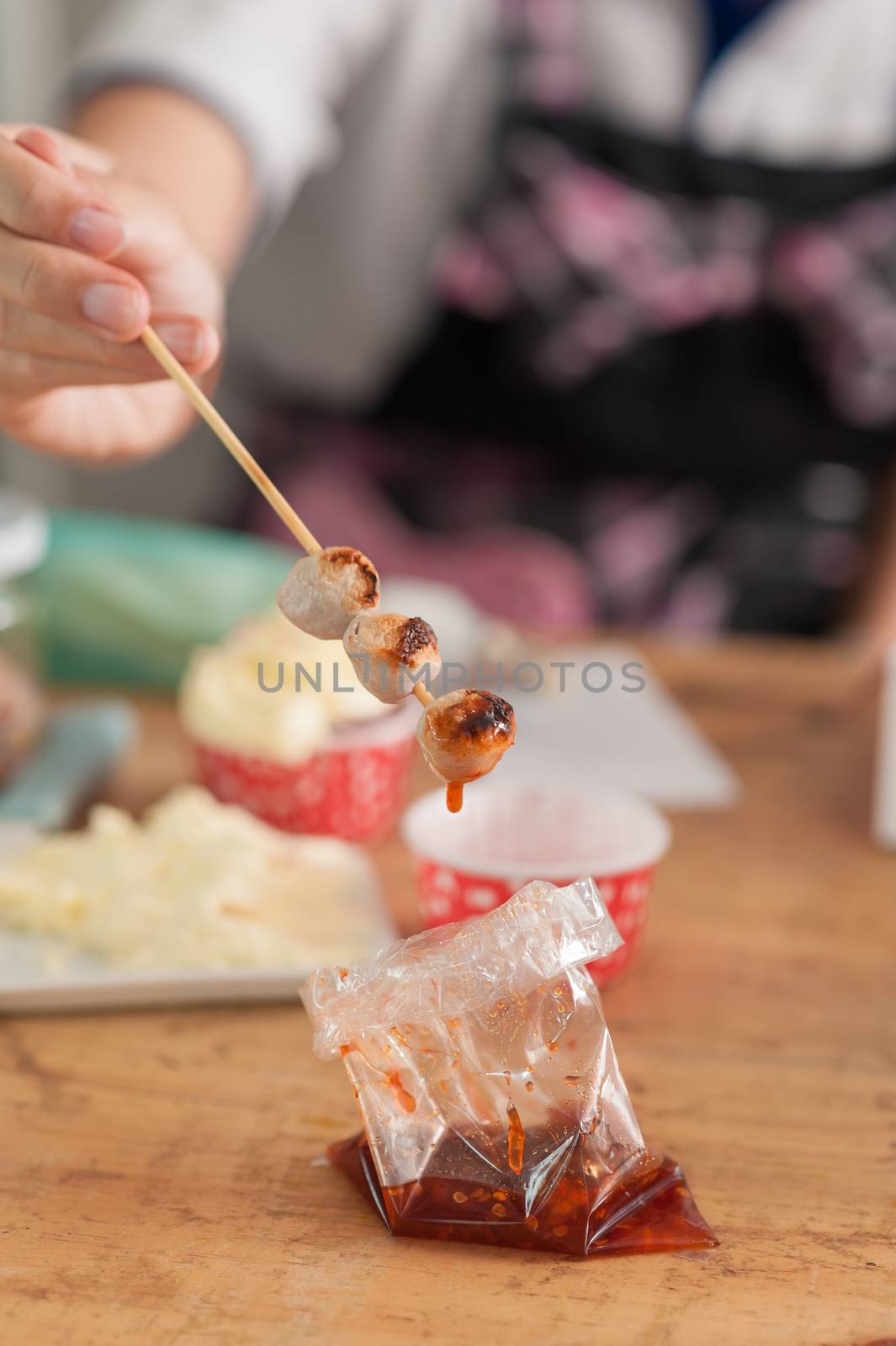 Thai style grilled meat ball with spicy dressing. Thai street food