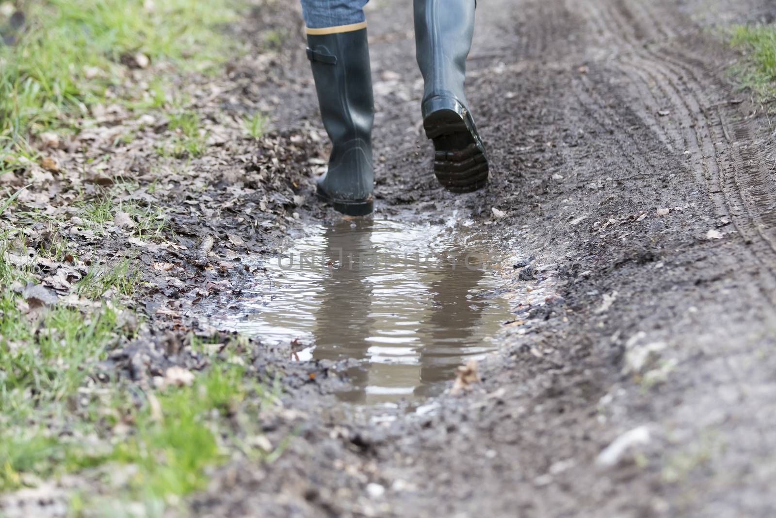 Man with rubber boots walking on rural path