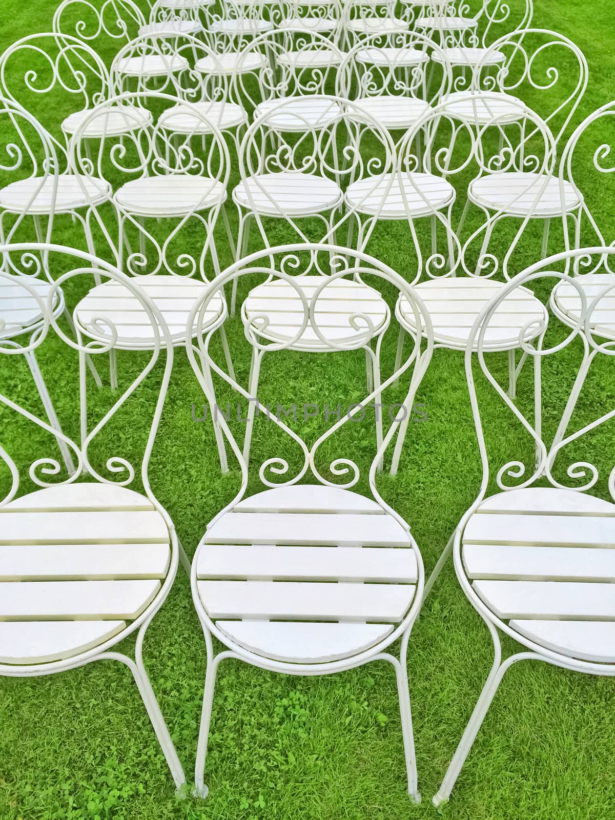 White chairs on green grass by anikasalsera