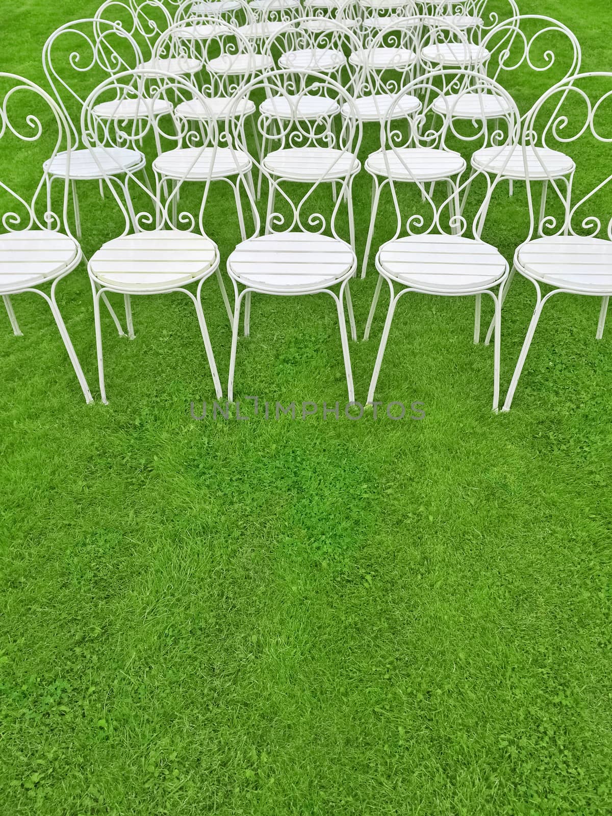 Green lawn with empty white chairs by anikasalsera