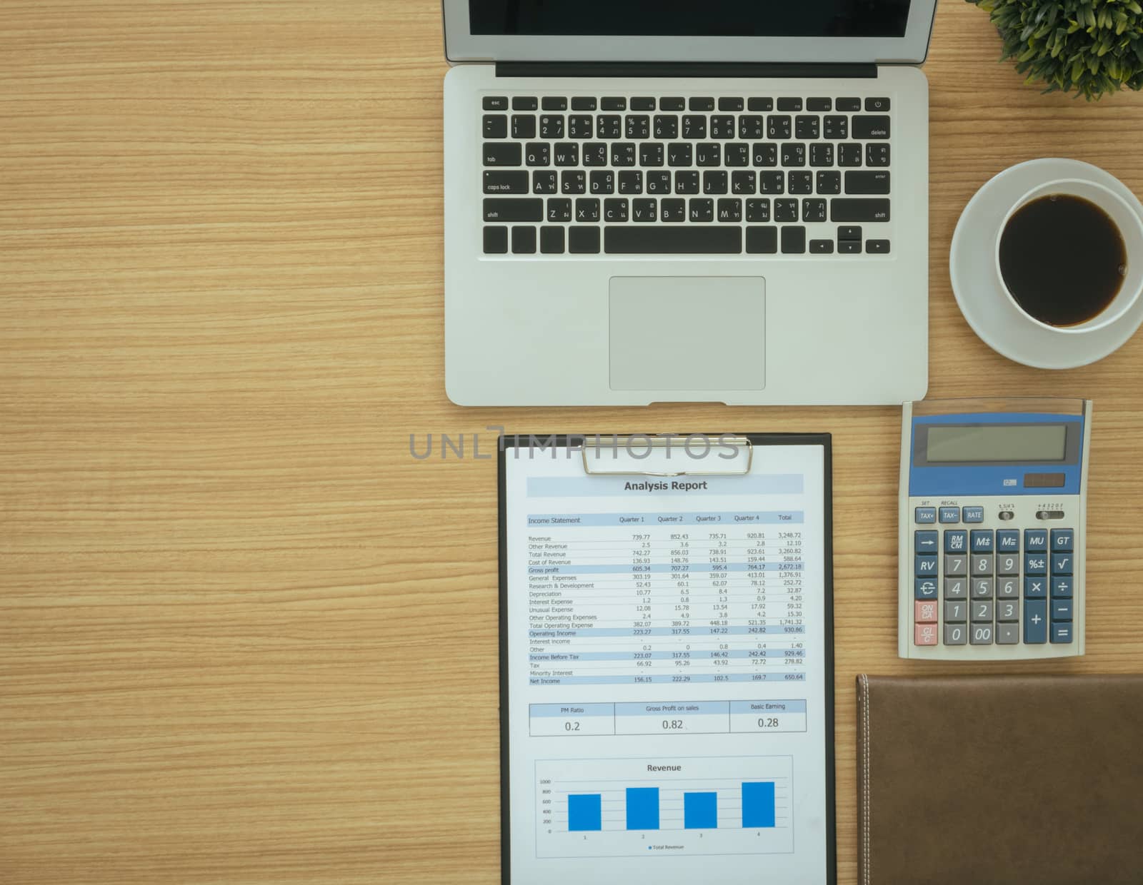 Accountant's Desk with free space for text. top view.