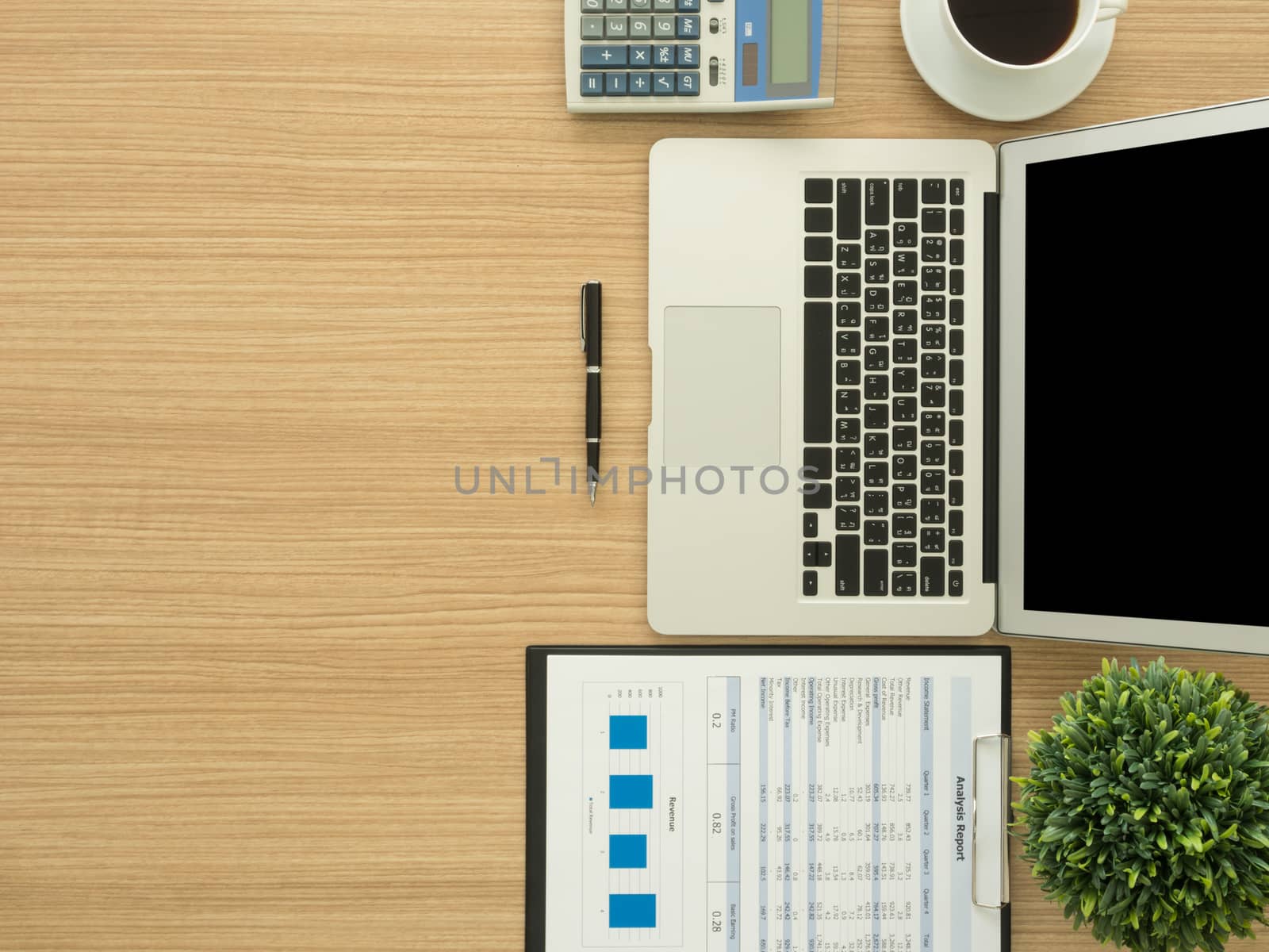 Accountant's Desk with free space for text. top view.
