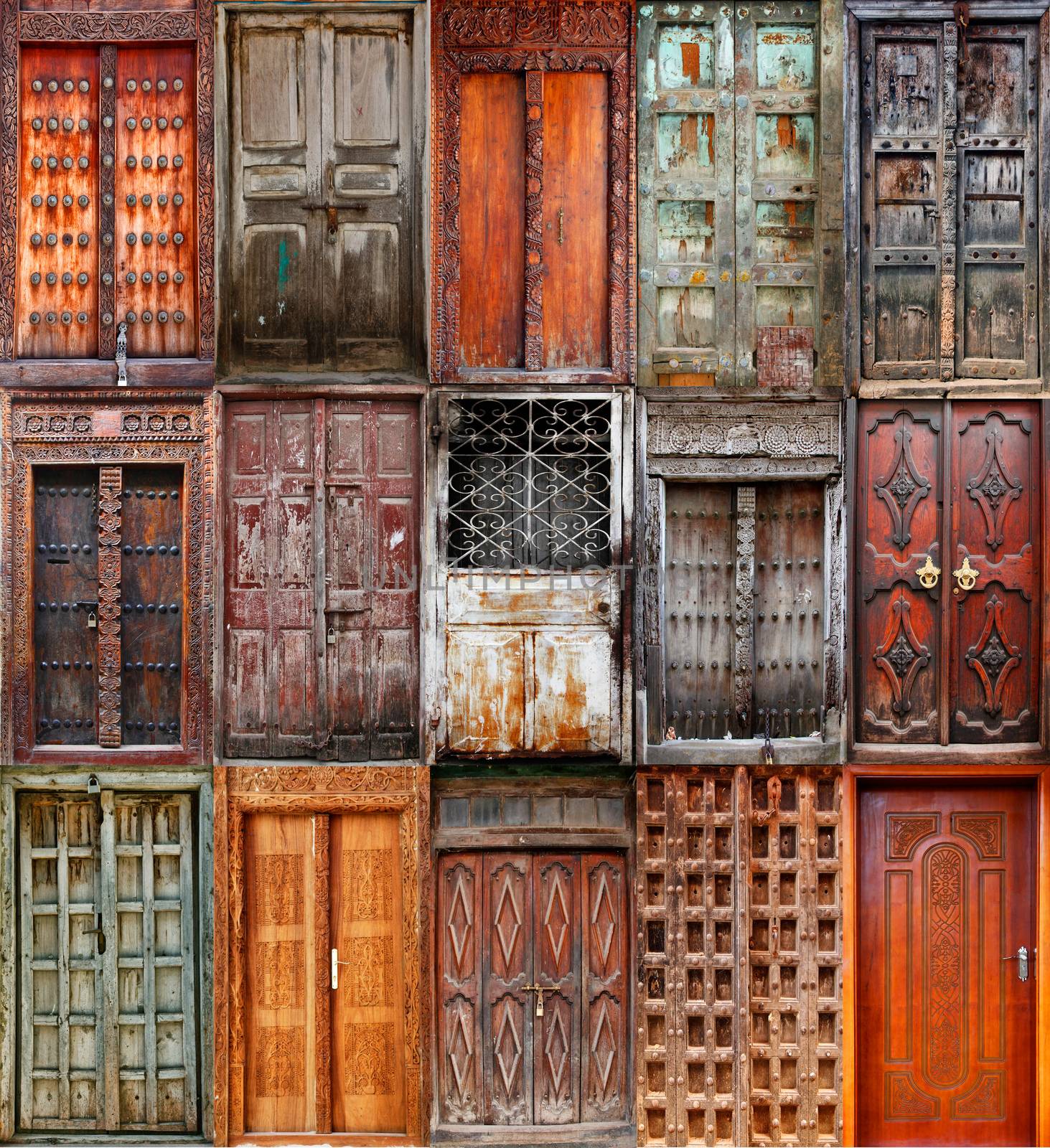 A collage of 15 wooden doors from Stoun Town on Zanzibar, Tanzania. 