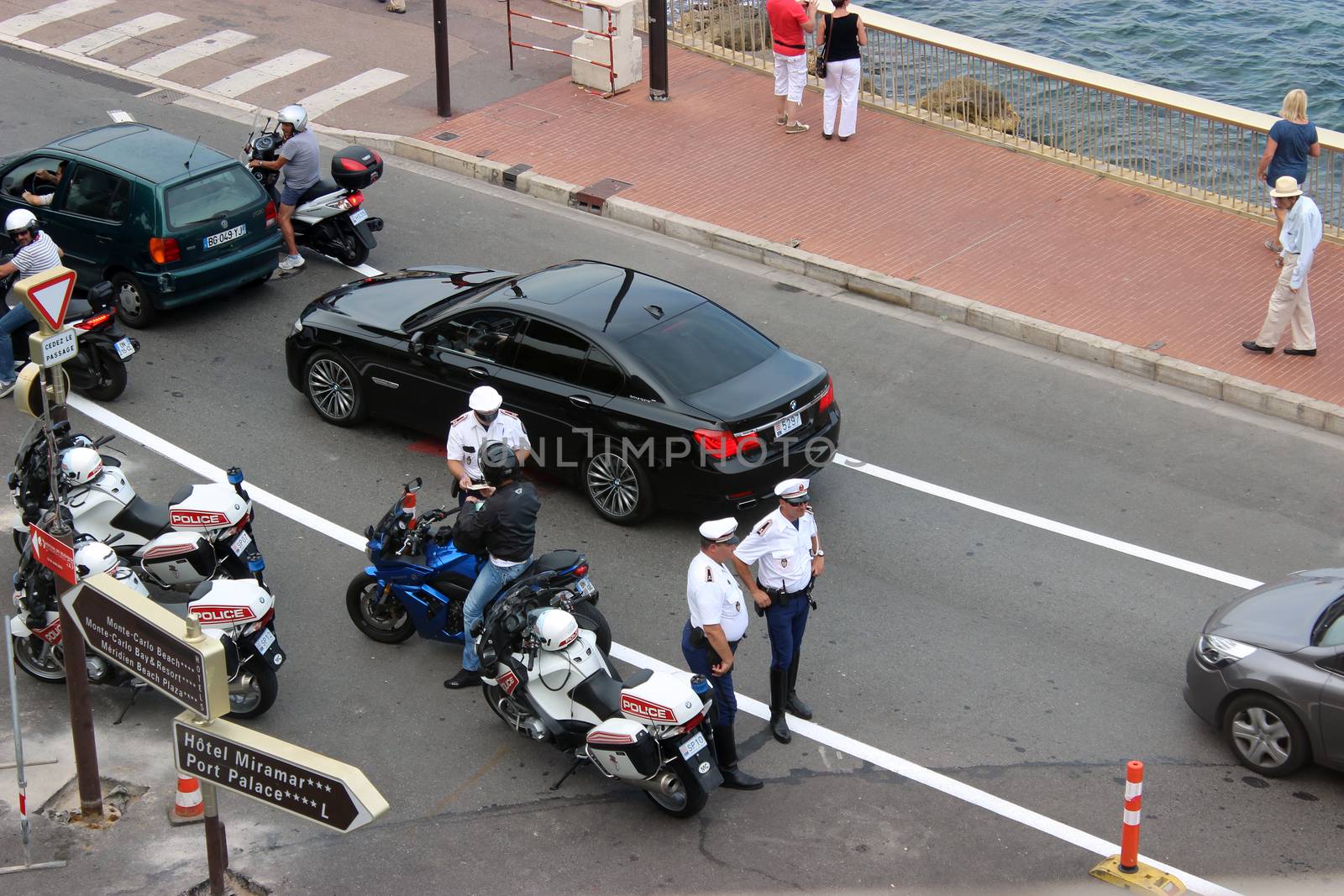 Monte-Carlo, Monaco - June 9, 2015: Aerial View of Monegasque Police Officers on the Street in Monaco. South of France