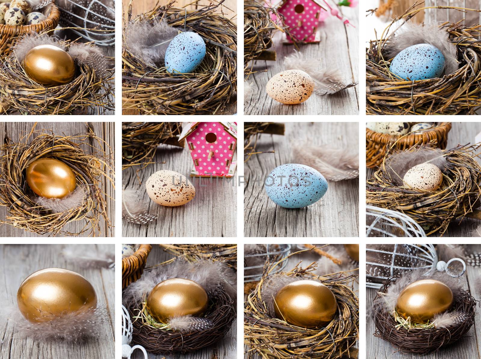 Set of easter egg, Golden in nest on vintage wooden background by motorolka
