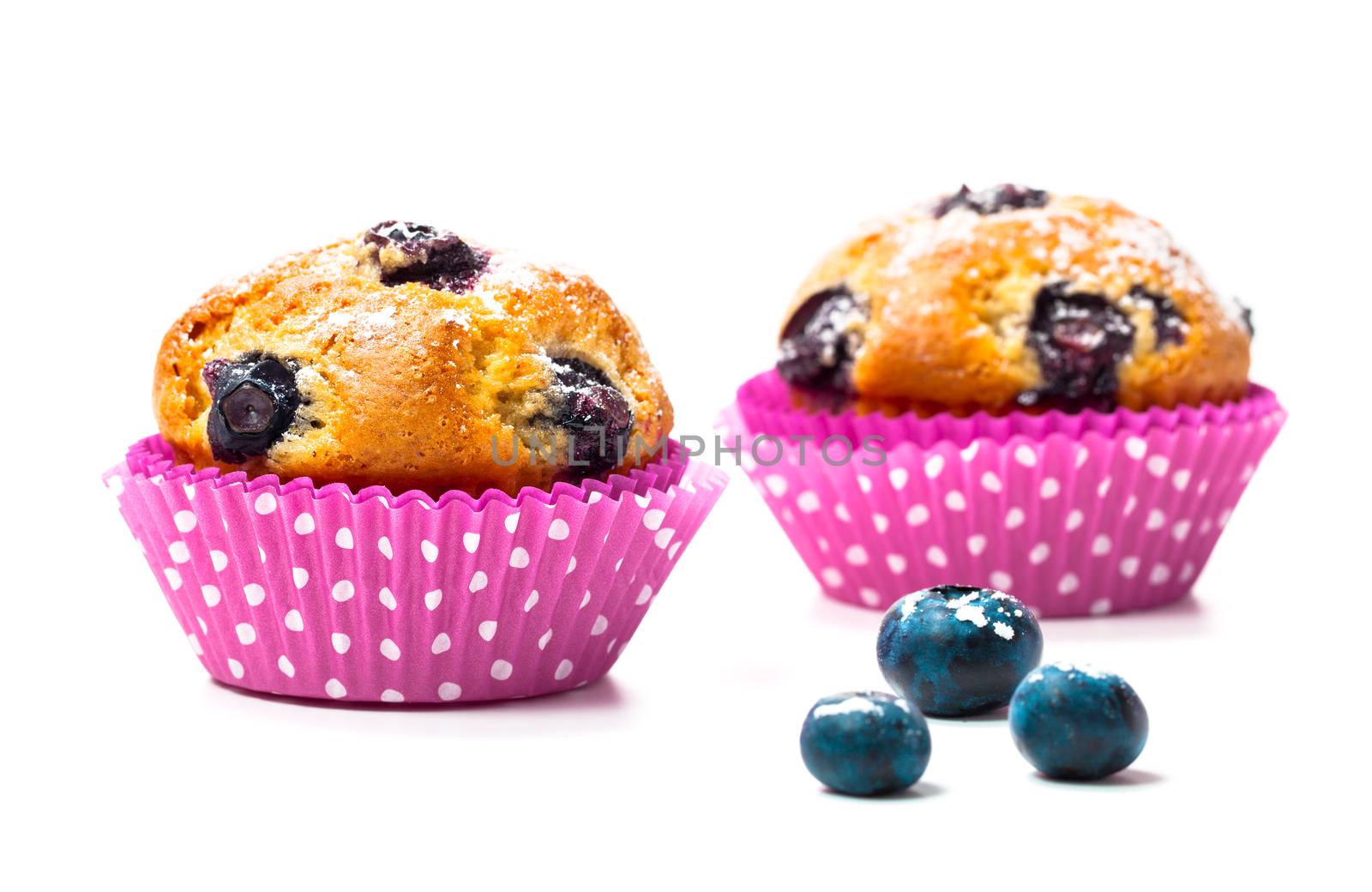 Blueberry muffins with berry on white background by motorolka