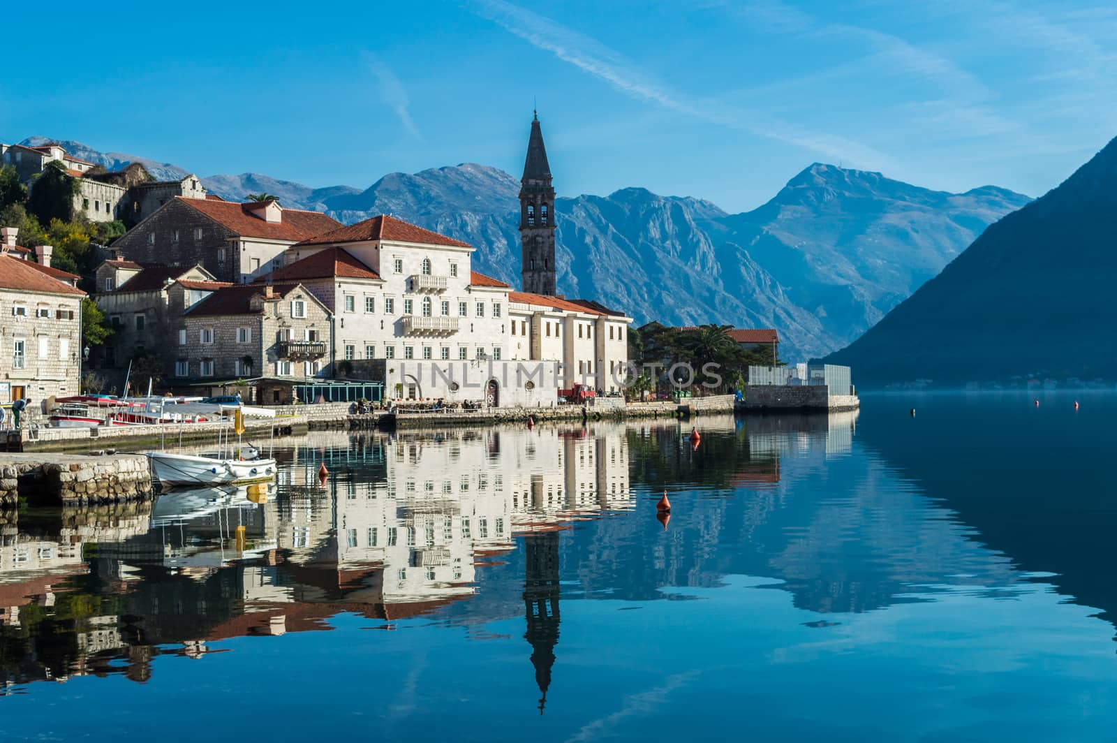 Beautiful Old town Perast and his reflection