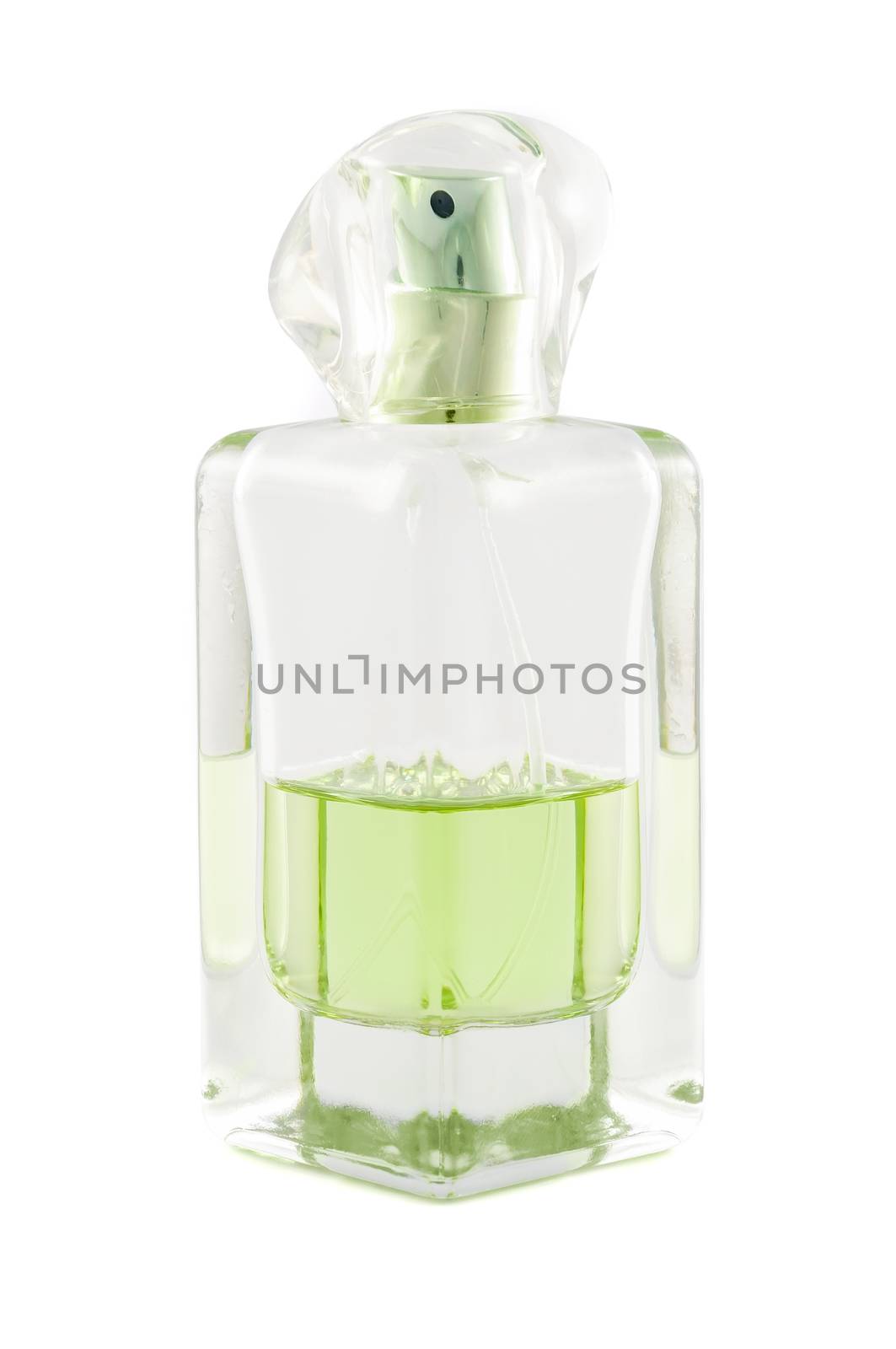 Half empty bottle of gree perfume isolated on white background with clipping path