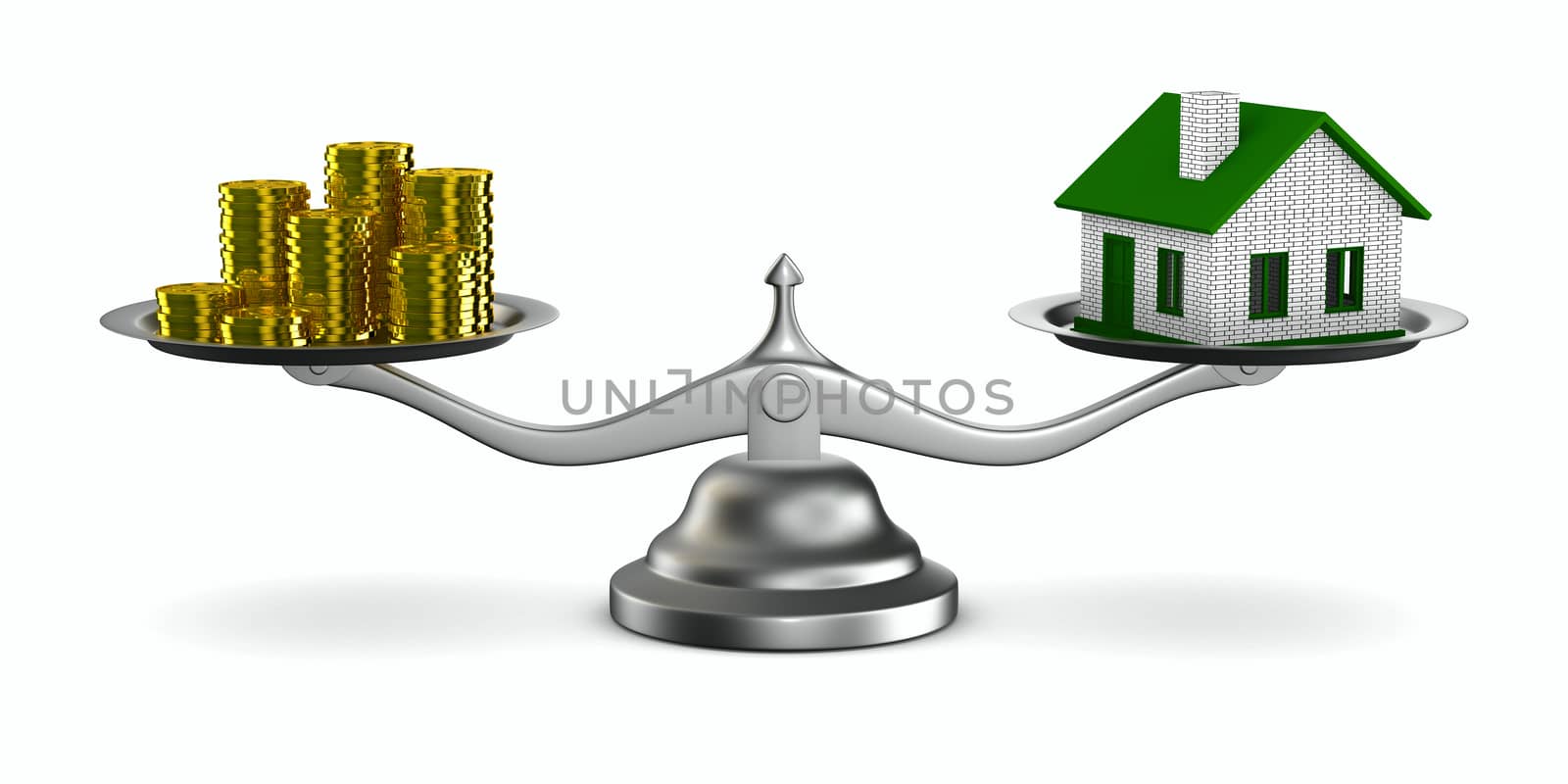 House and money on scales. Isolated 3D image