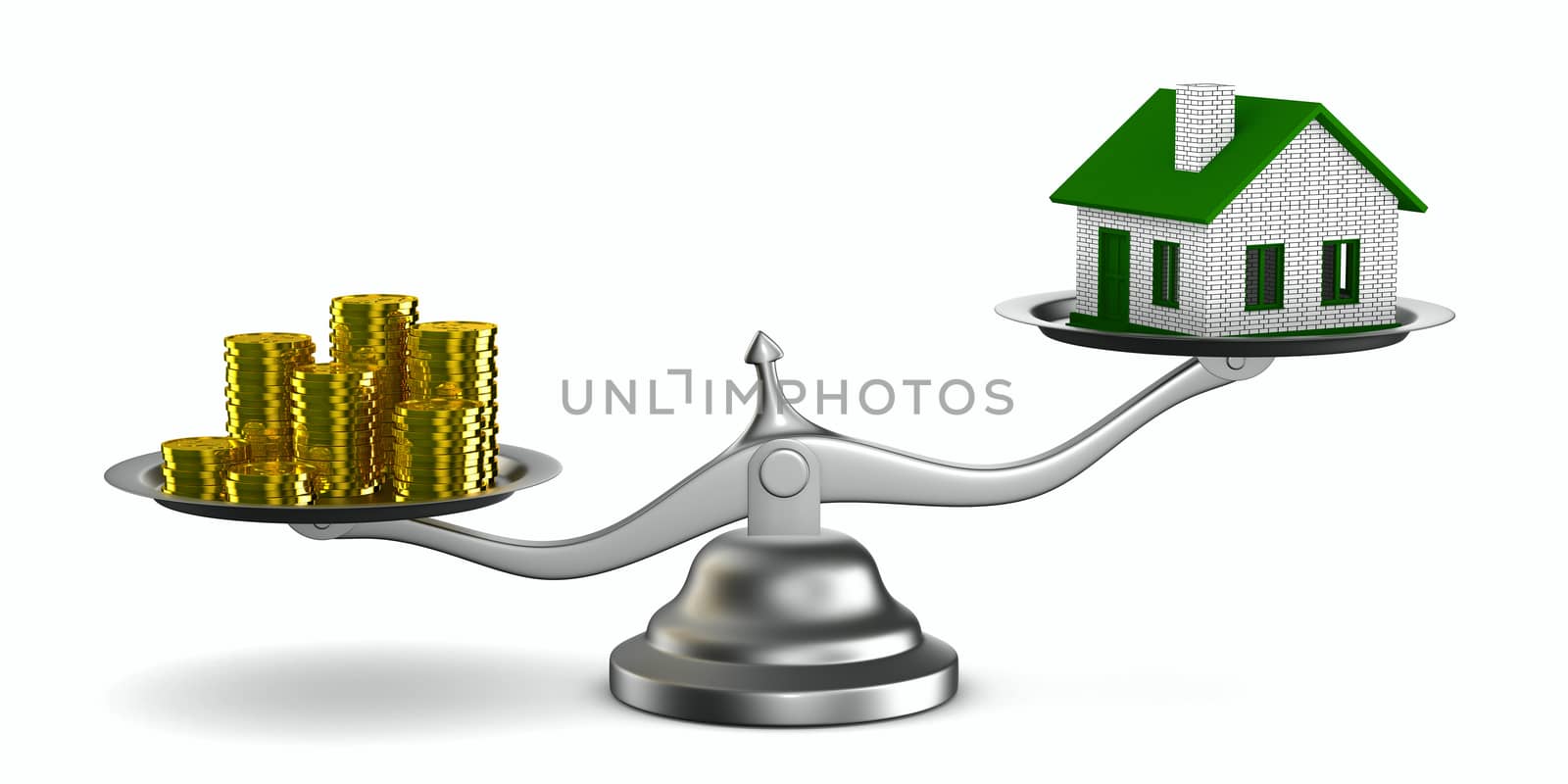 House and money on scales. Isolated 3D image