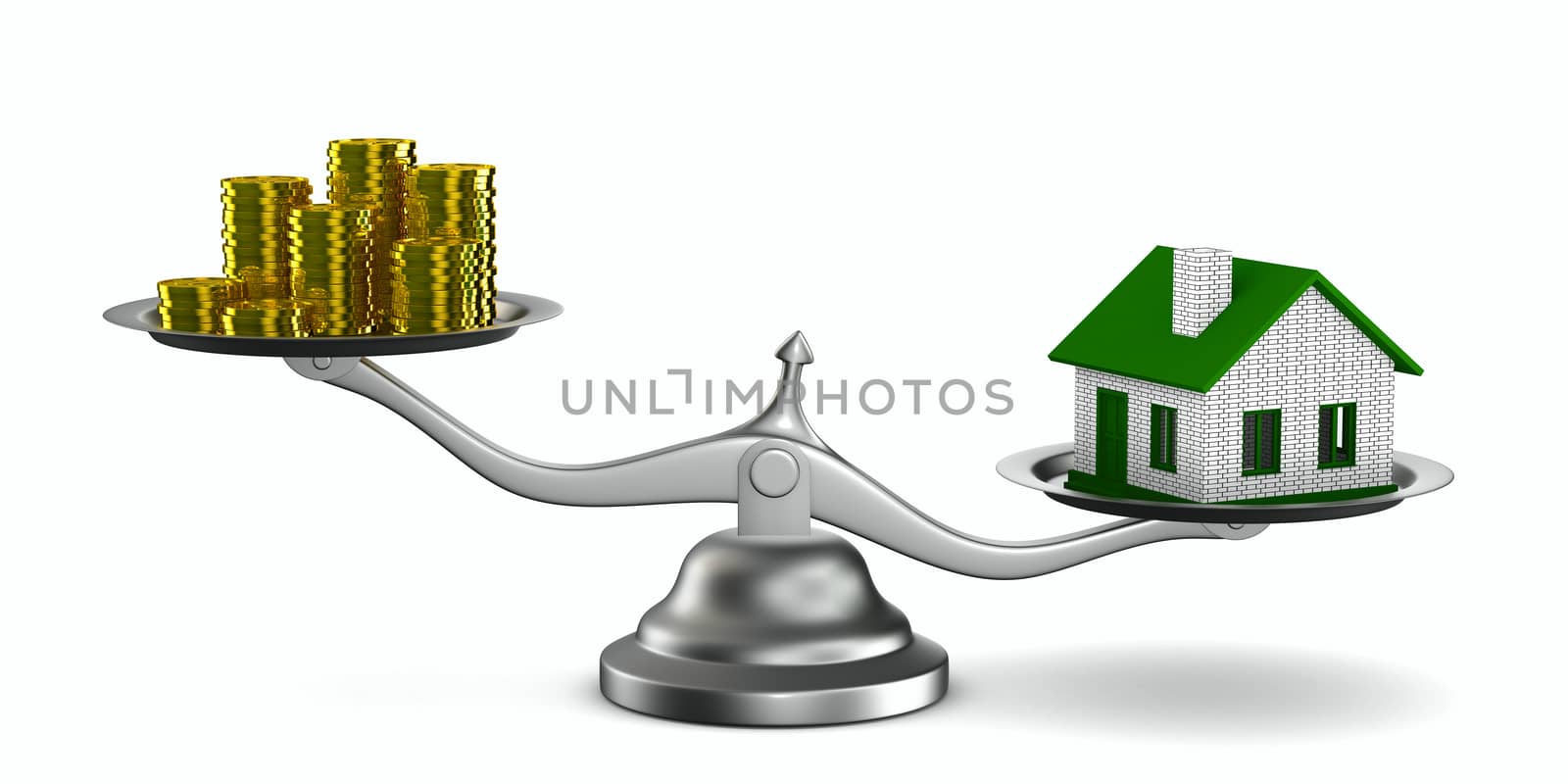 House and money on scales. Isolated 3D image