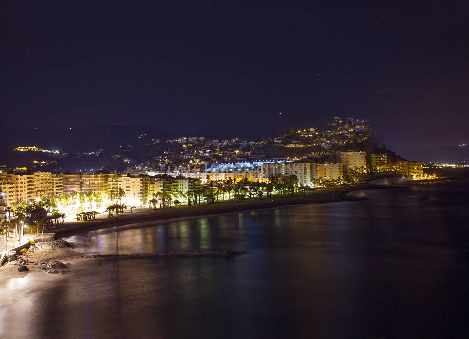 Playa De La Caletilla by night, Almunecar, Andalusia, Spain 