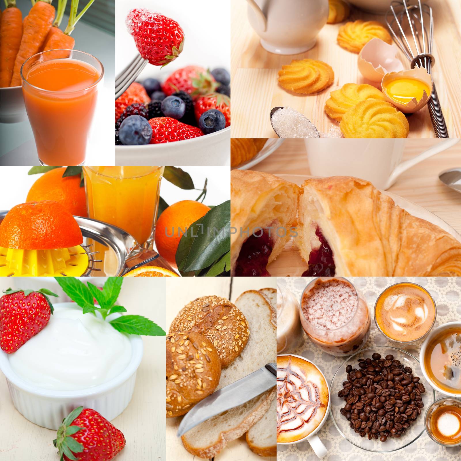 ealthy fresh nutritious vegetarian breakfast collage composition set