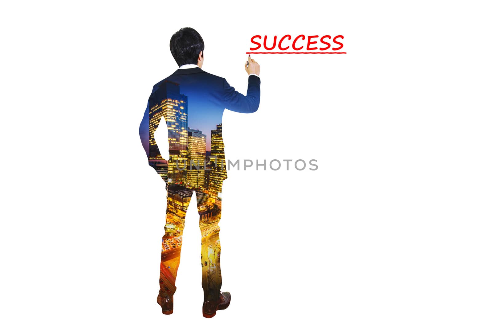 Double exposure of city and businessman with pen, Business success concept.